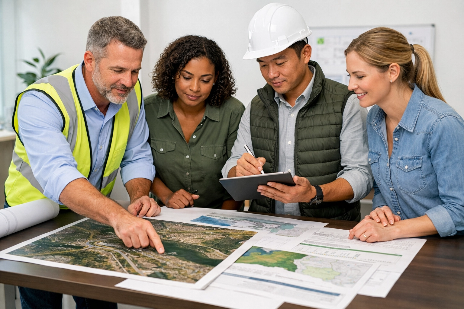 Environmental consultants reviewing site maps and assessment documents as a team