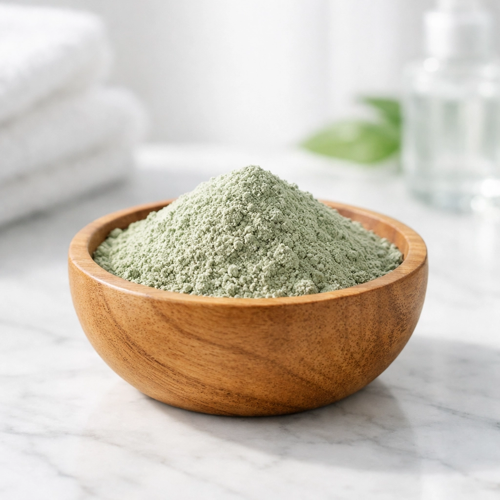 Fine French green clay powder in a wooden bowl, a natural ingredient for skin-safe deodorants.