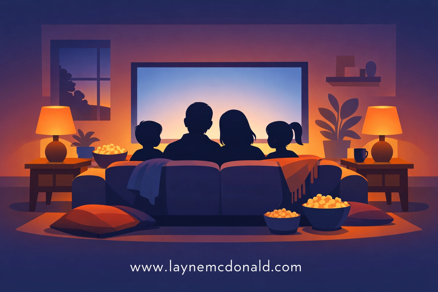 Family gathered on couch for Christian family movie night with popcorn and cozy blankets