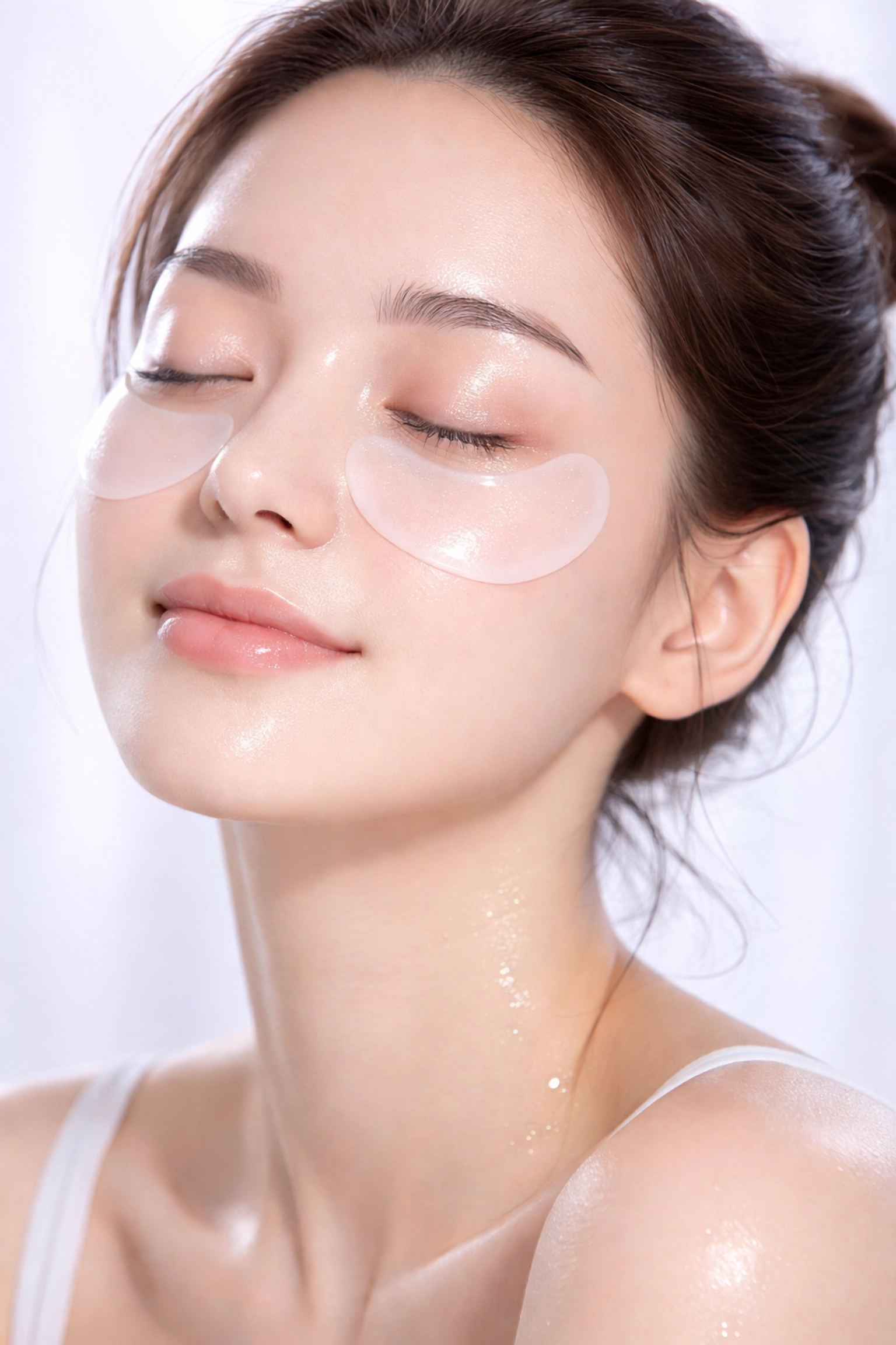 Woman relaxing with hydrogel eye patches under her eyes, a soothing treatment for puffiness and hydration.