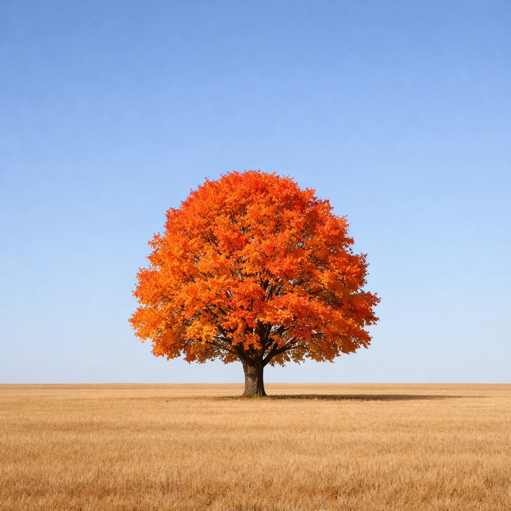 Lone autumn tree in a field illustrating a clear subject and clean frame edges in landscape photography.