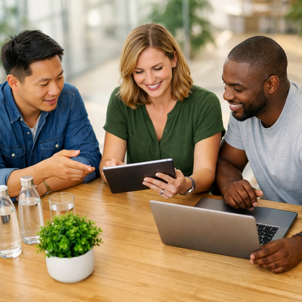 IT professionals discussing ESG goals and ITAM compliance during a ServiceNow consulting services audit.