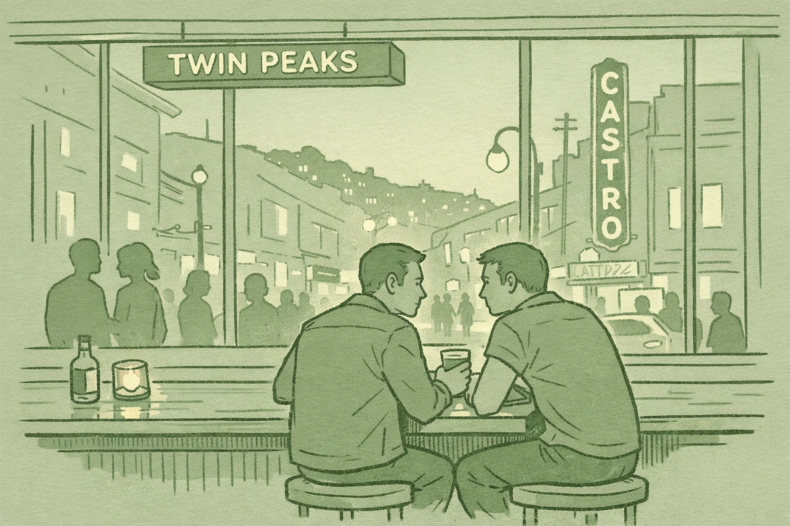Gay couple at Twin Peaks Tavern bar with iconic windows overlooking Castro District nightlife