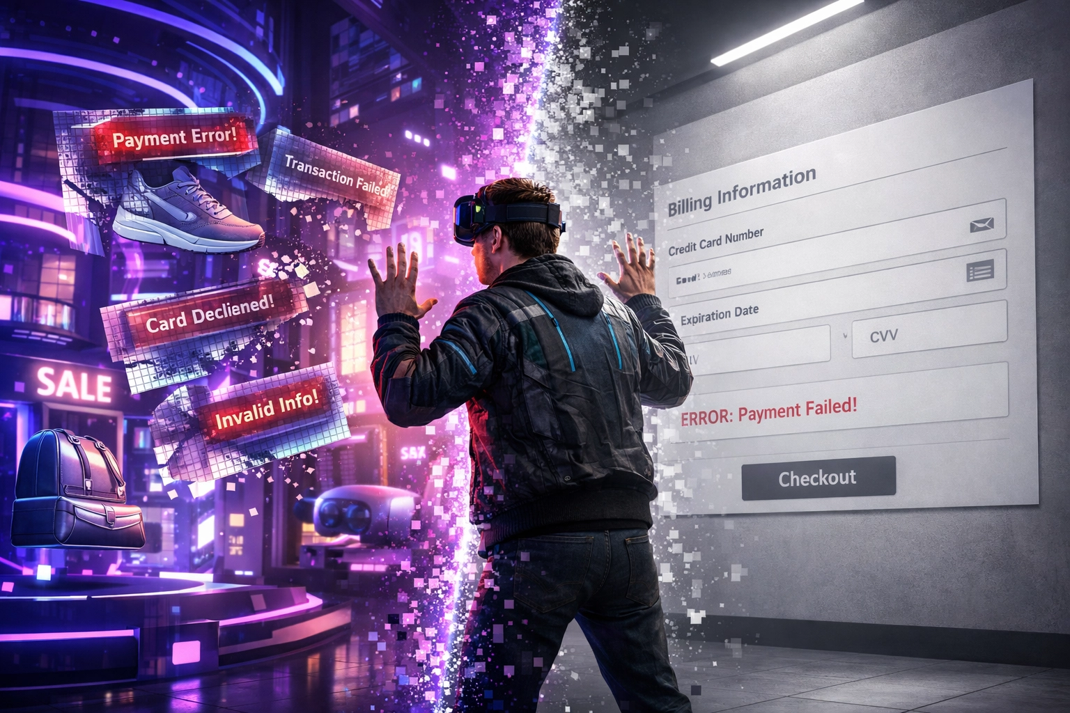 Comparison of clunky traditional checkout versus seamless VR metaverse payment integration