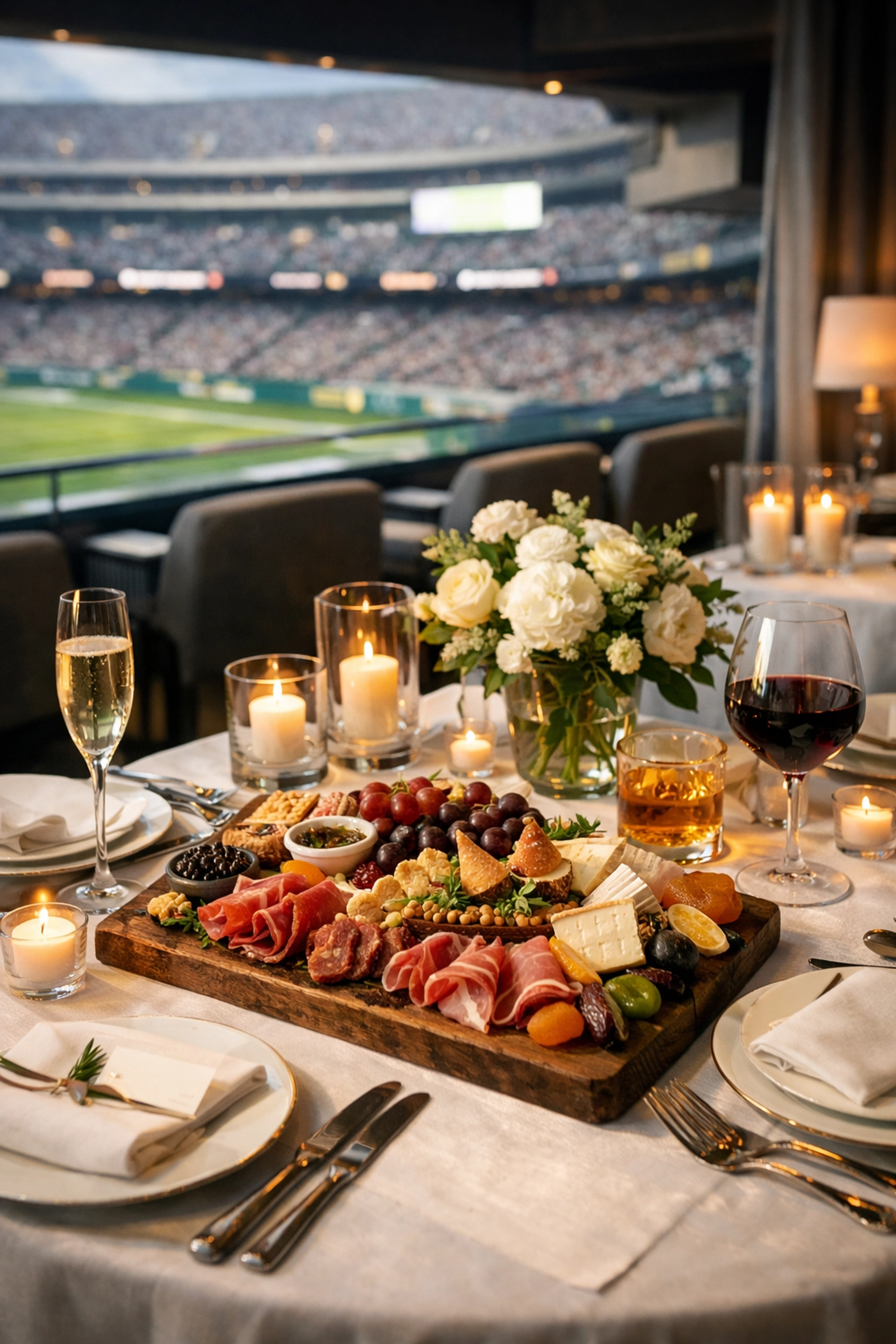 Premium hospitality suite dining setup for Super Bowl corporate entertainment