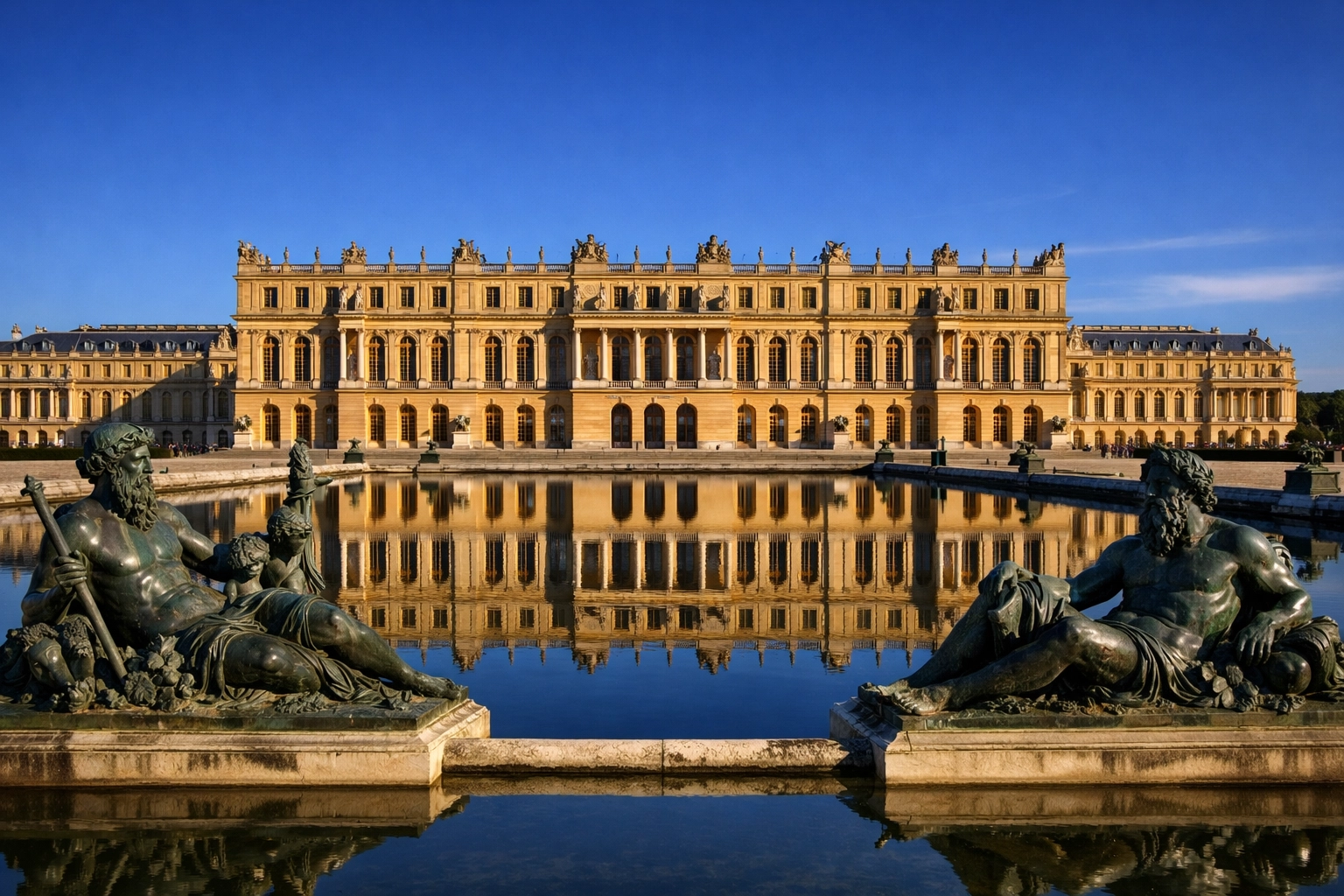 Majestic reflection of the Palace of Versailles facade in the Water Parterre garden pools.