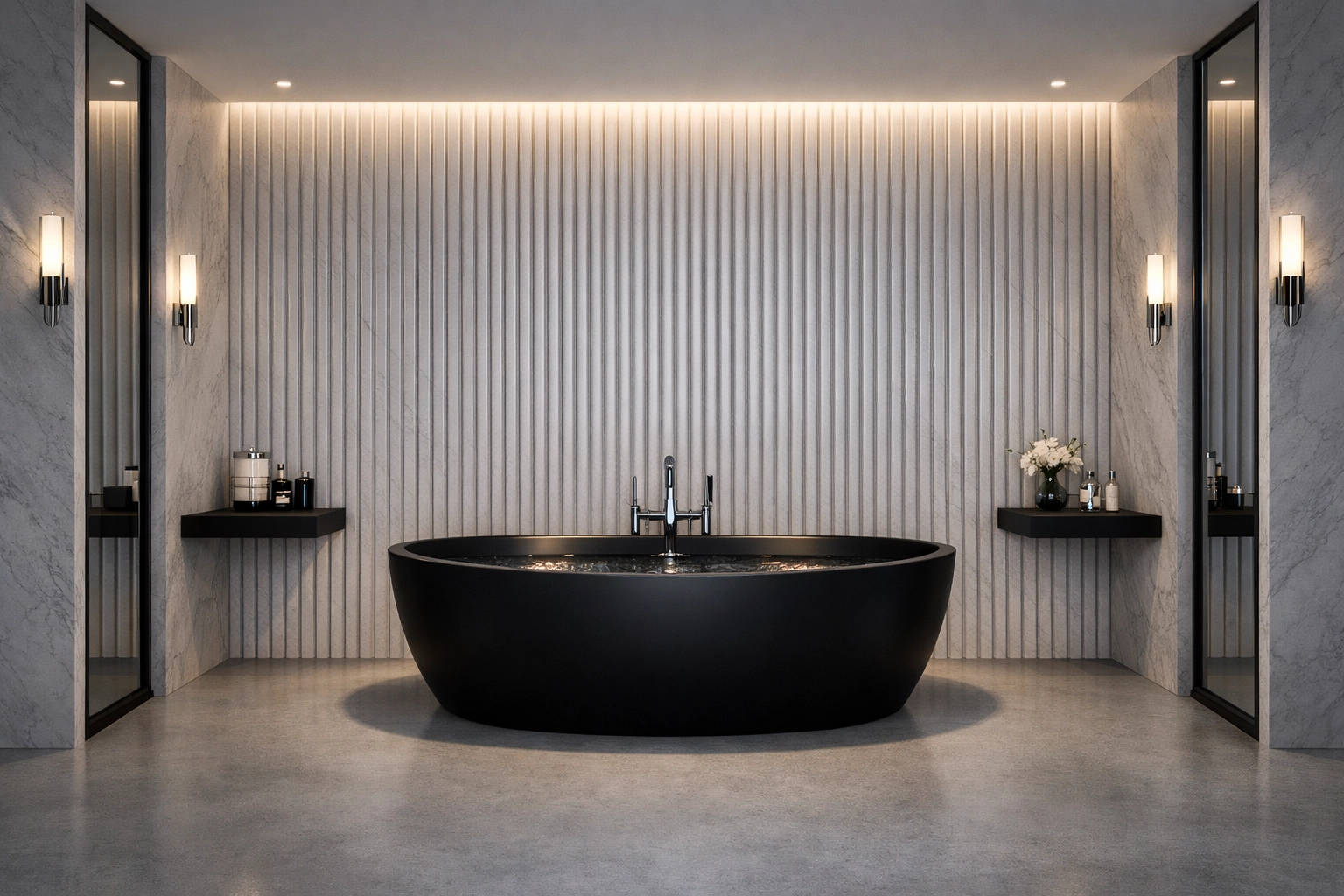 Architectural visualization of a luxury bathroom with marble walls and precise layout control.
