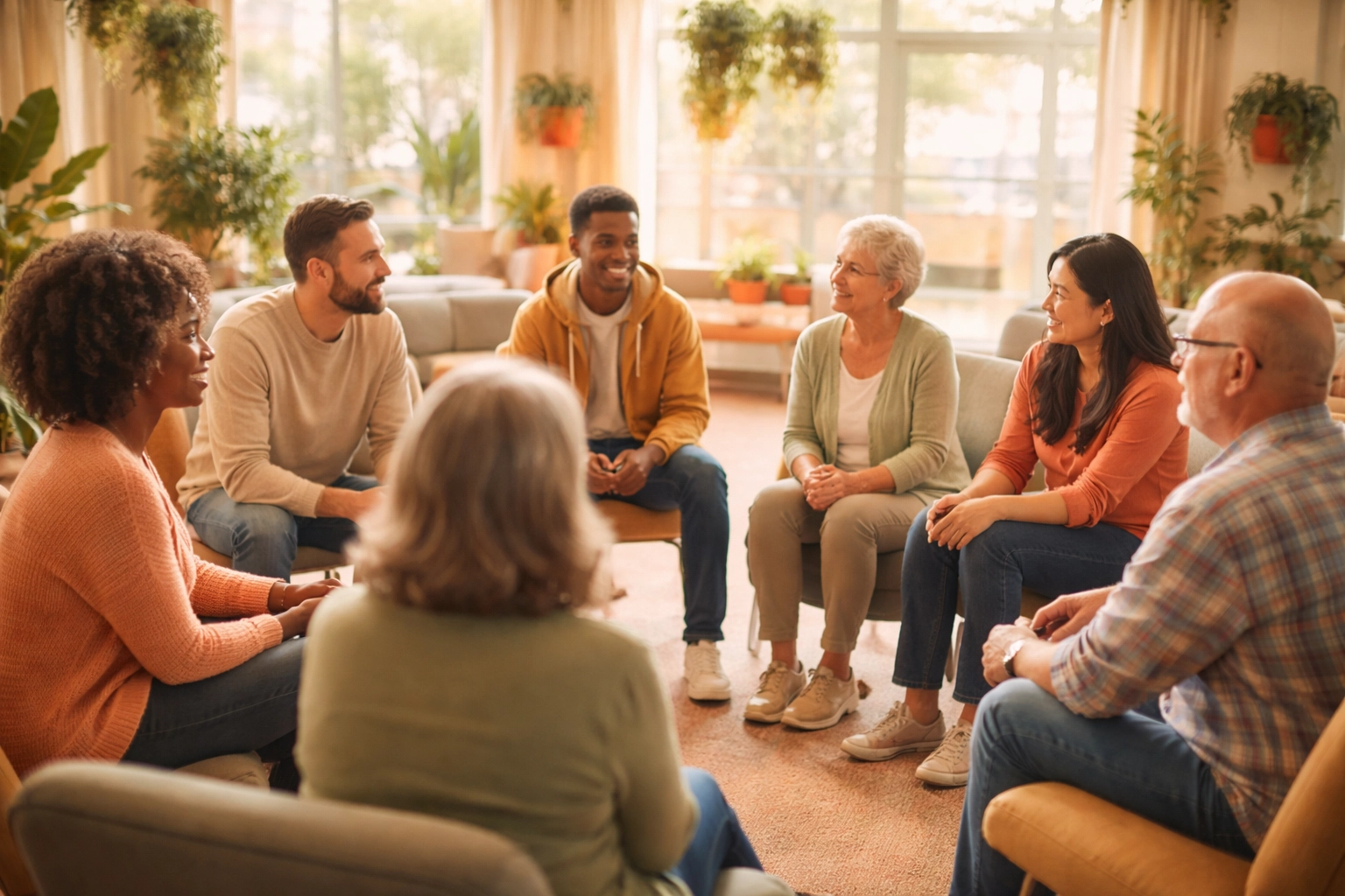 Diverse community support group meeting in a welcoming center, highlighting resources offered by trans friendly healthcare businesses.