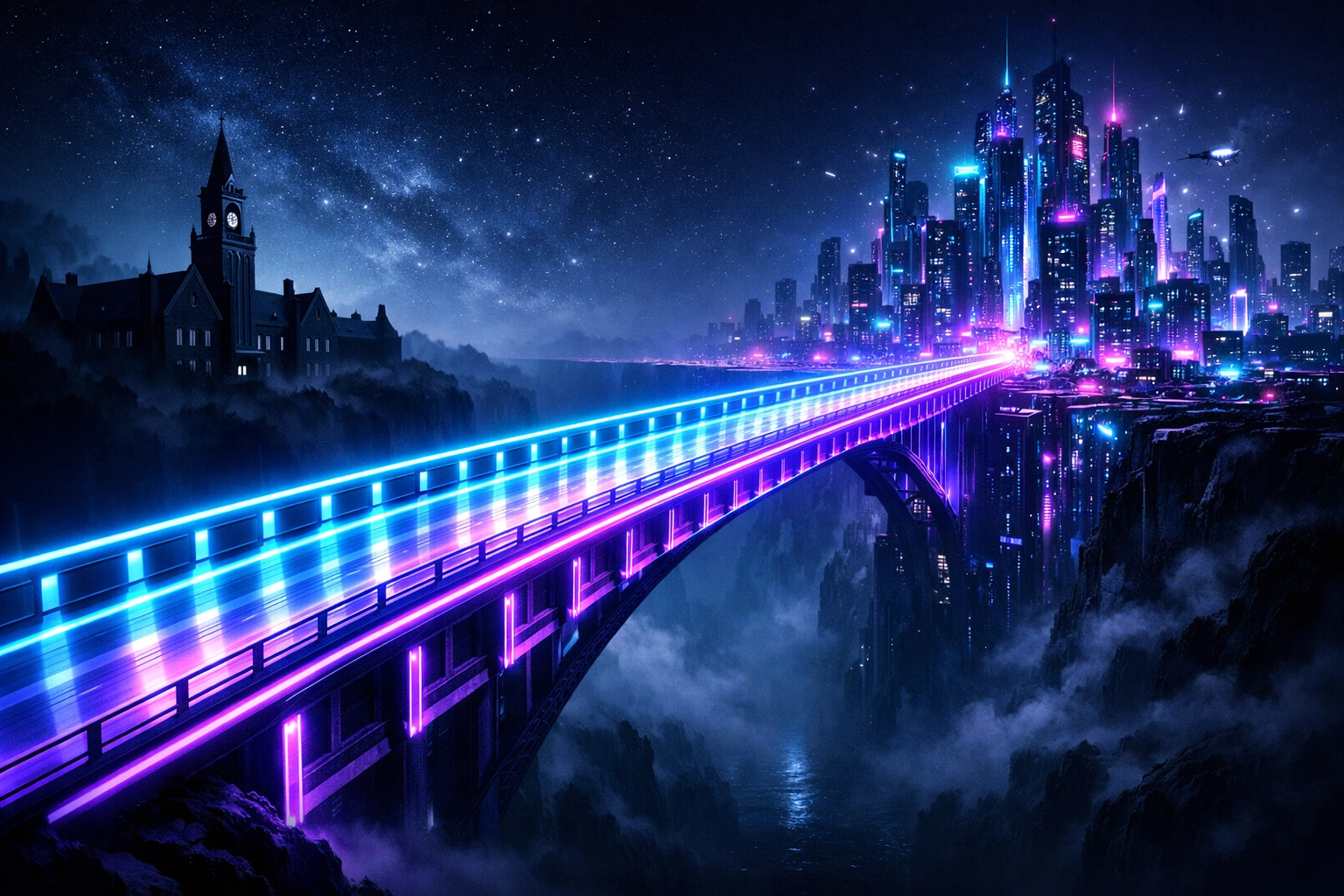 A glowing digital bridge connecting a university tower to a modern tech-driven career landscape.