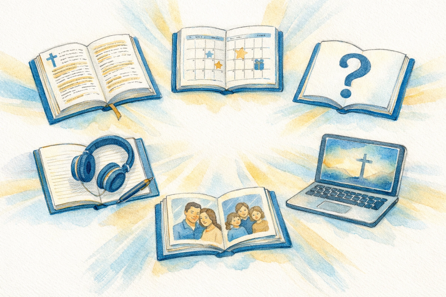 Six categories of daily faith content including Bible study, holidays, podcasts, and Christian living