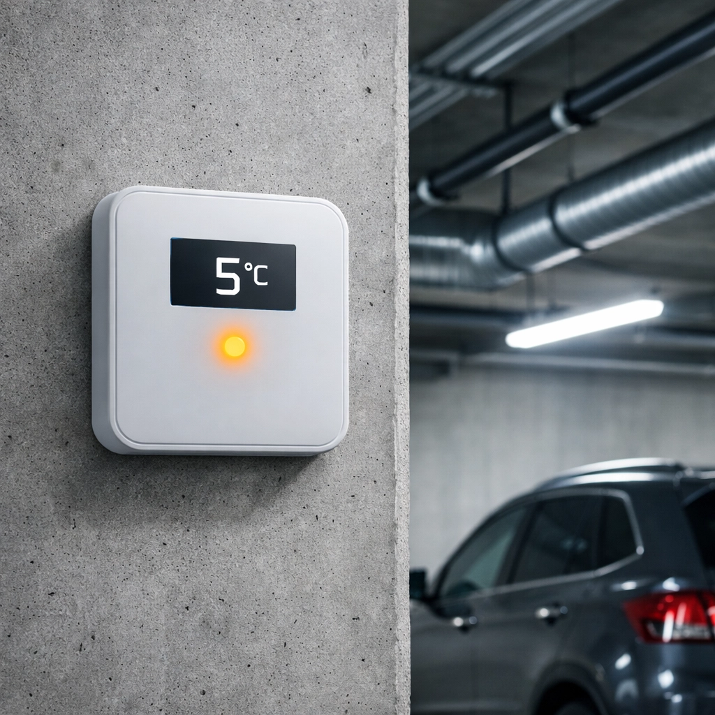 Smart freeze alert sensor mounted in underground parkade monitoring pipe temperature
