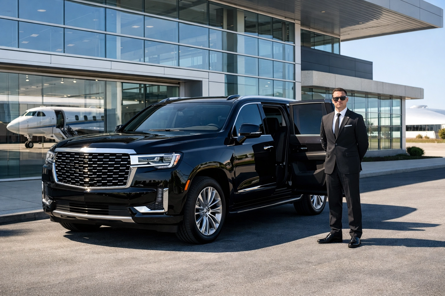 Luxury SUV and chauffeur at a private terminal ensuring efficient Super Bowl ground travel.