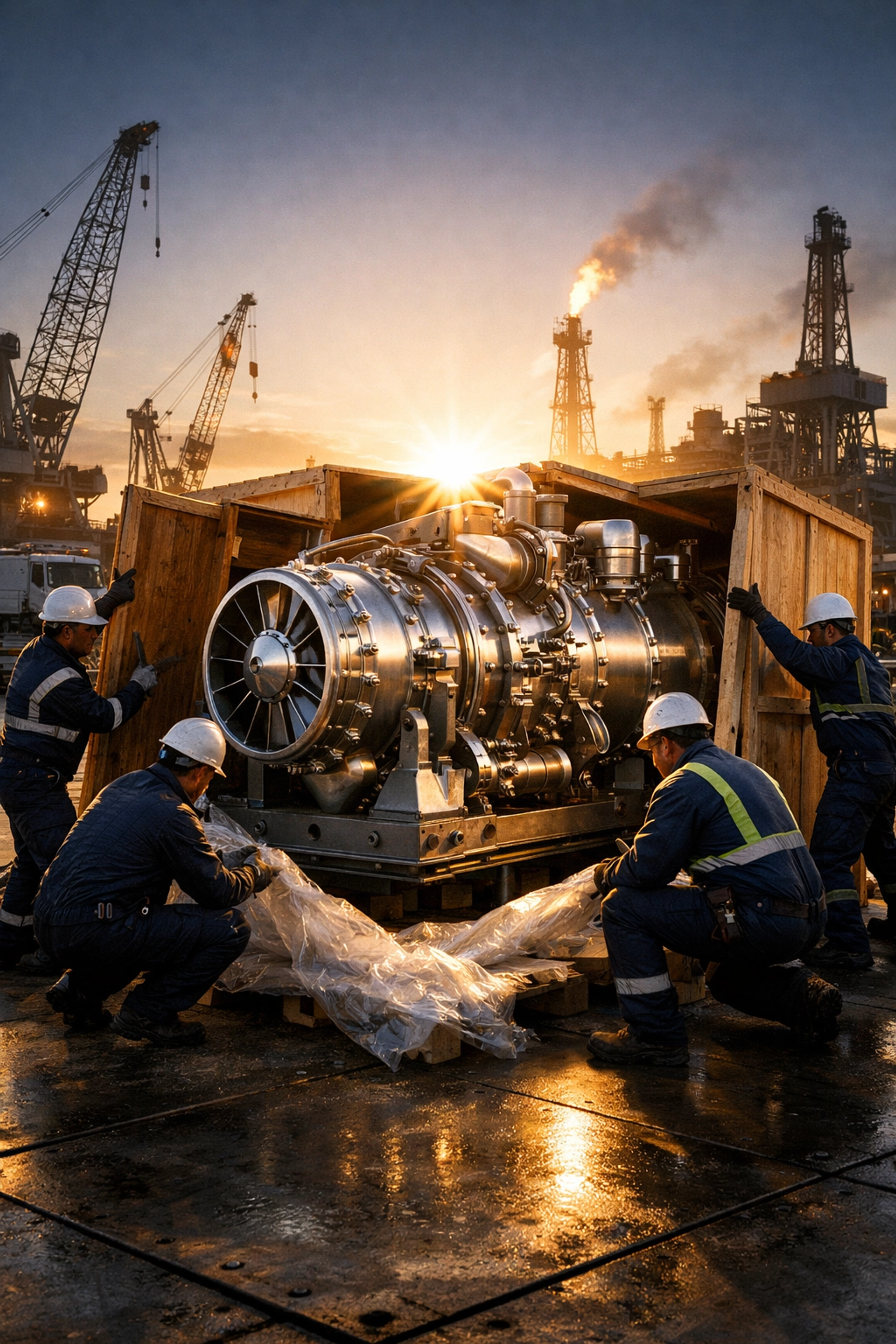 Engineers uncrating a critical industrial component at a construction site after fast delivery.