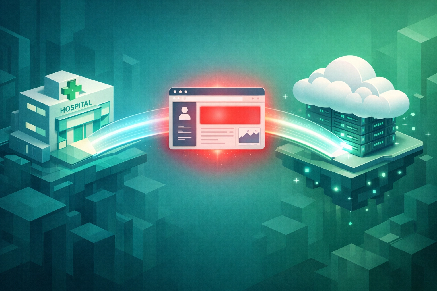 Visualization of a vulnerable healthcare IT web portal highlighting risks in third-party cloud connections.