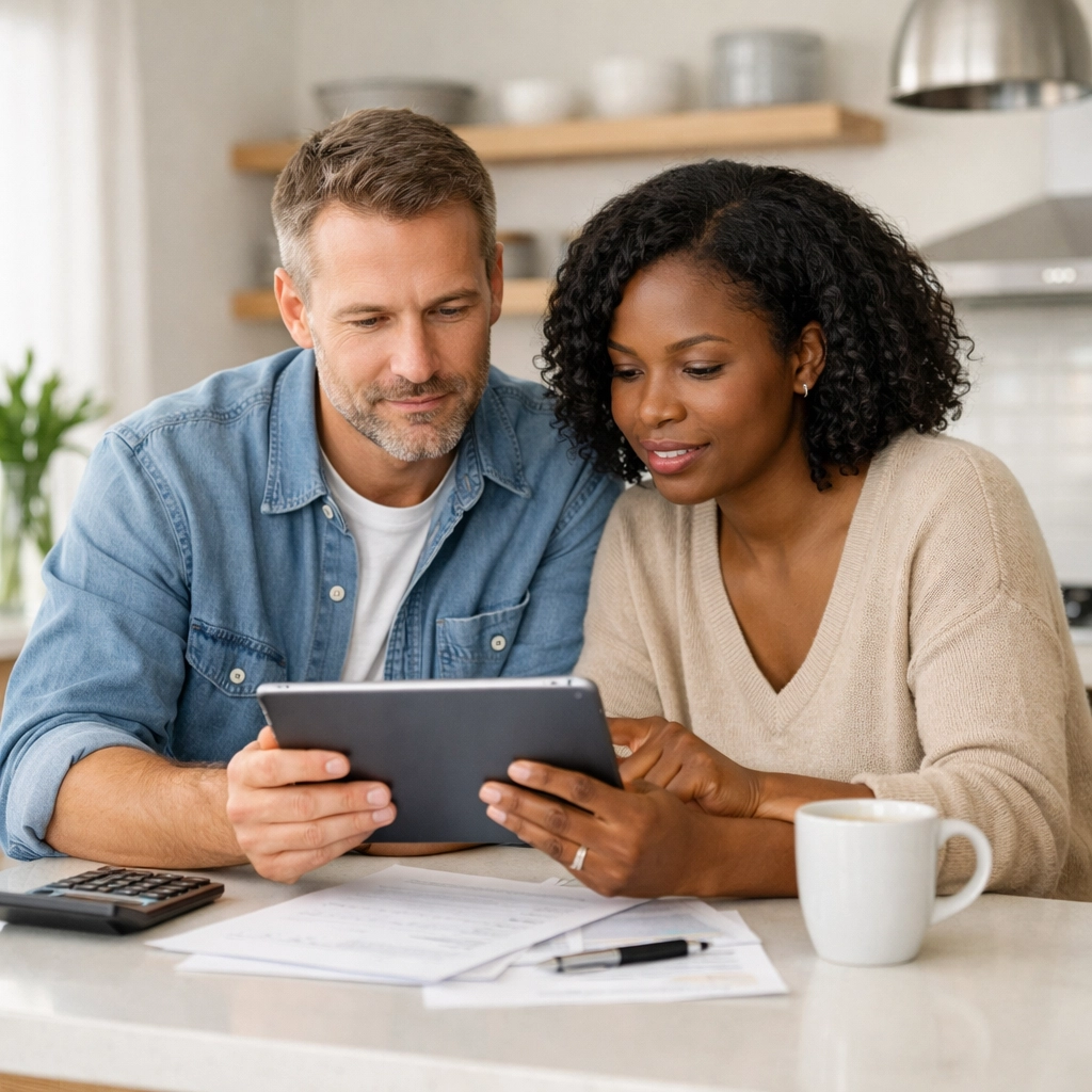 Couple reviewing 2026 standard deduction rates on a tablet for joint tax filing.