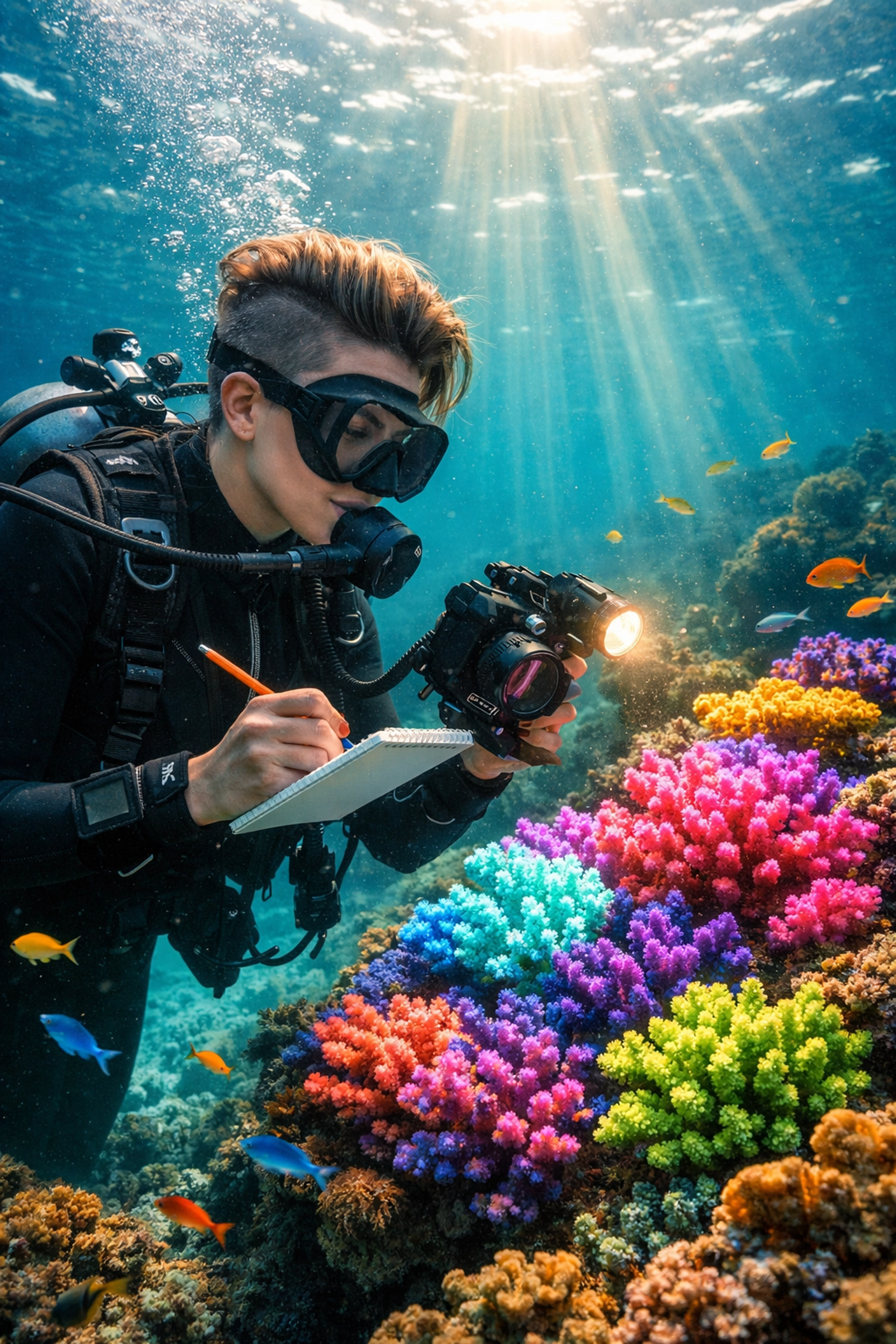 A lesbian marine biologist documenting vibrant super corals, showcasing LGBTQ+ excellence in ocean conservation.