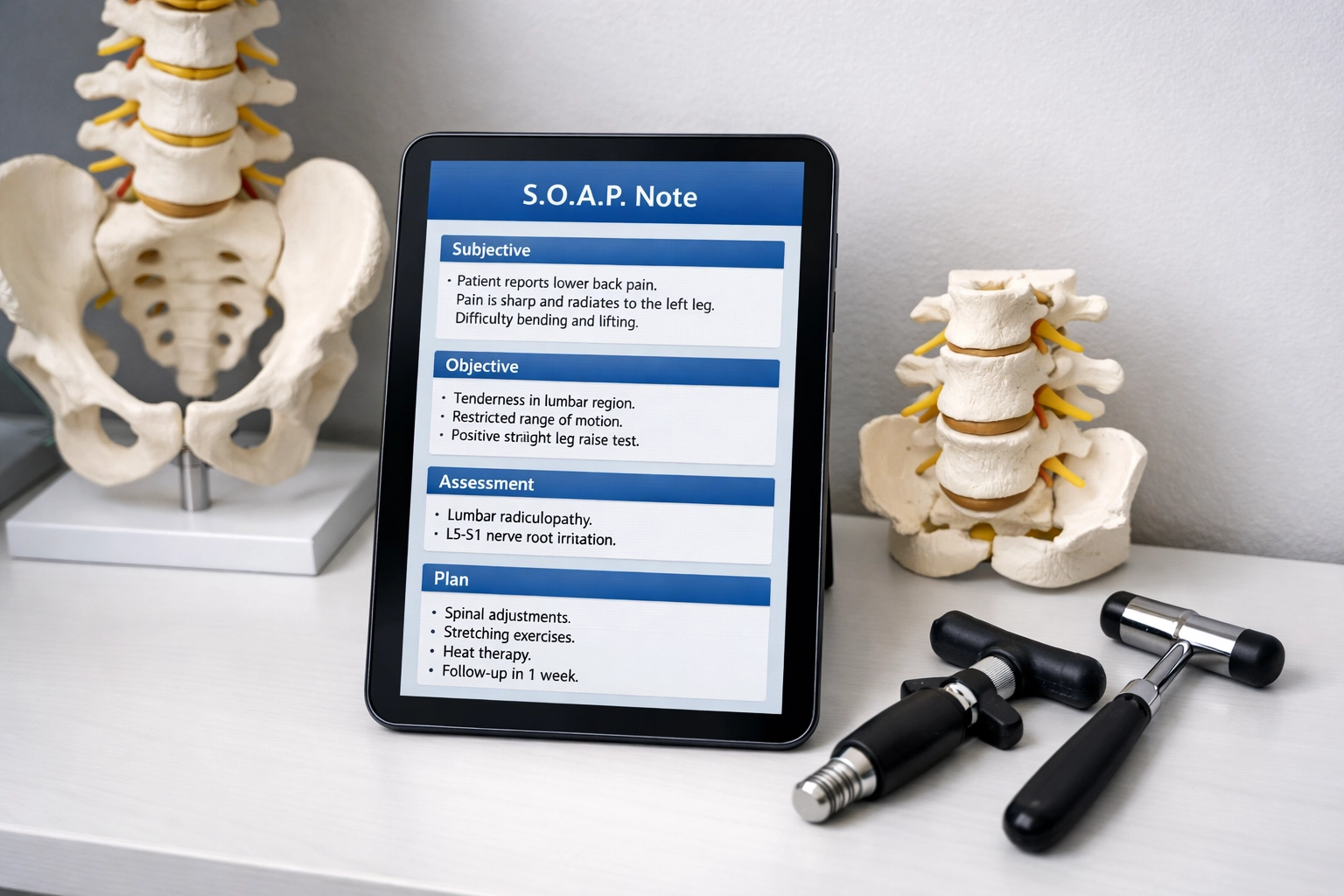 Digital tablet displaying AI-generated SOAP notes on chiropractor's desk