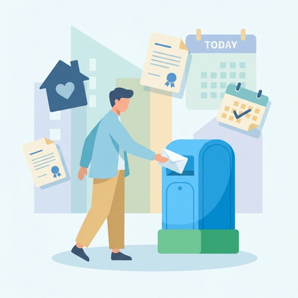 Heir mailing important claim documents for inherited foreclosure surplus funds, symbolizing first steps to recover unclaimed money