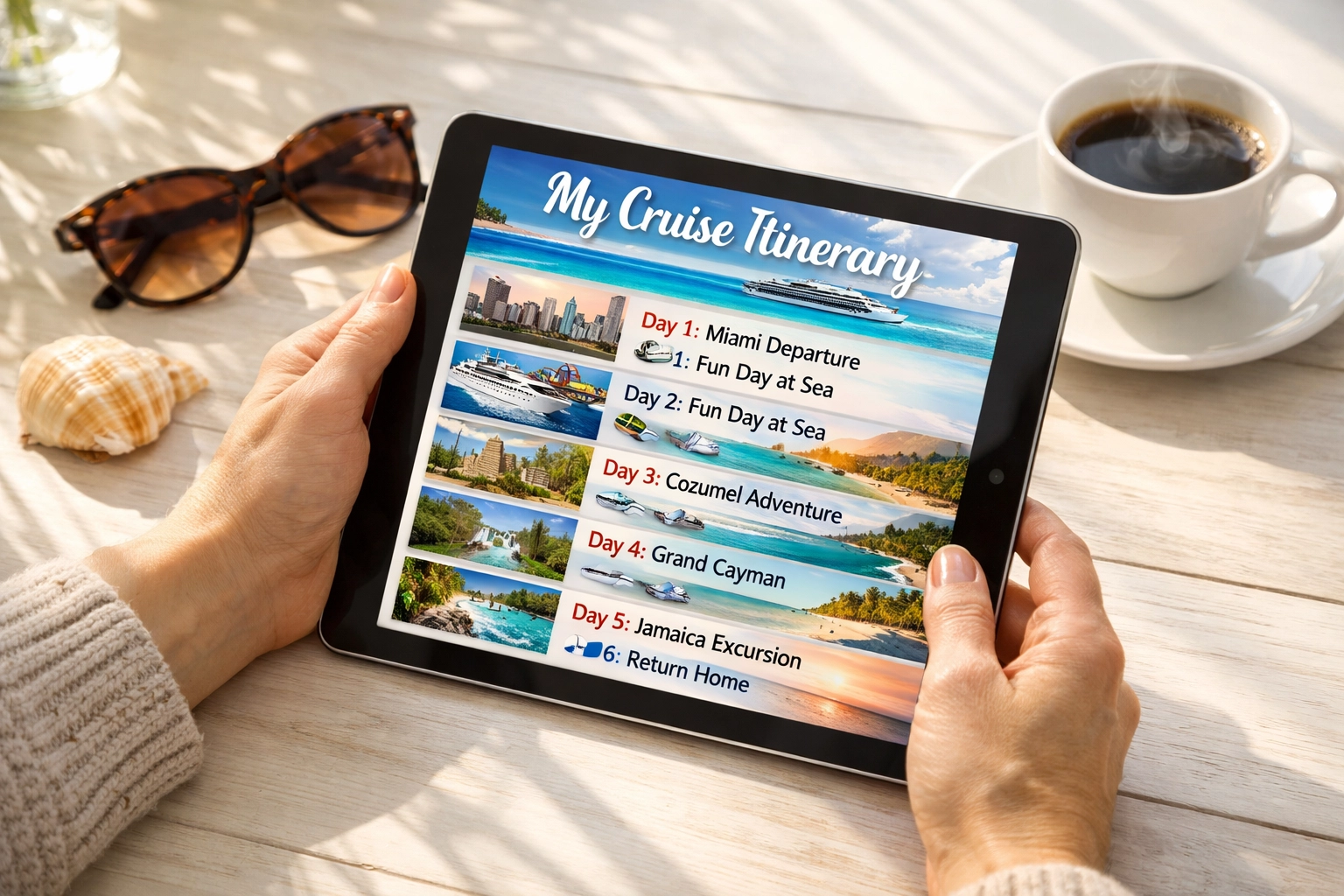 Personalized cruise planning on a digital tablet with vacation accessories on a bright, sunny desk.
