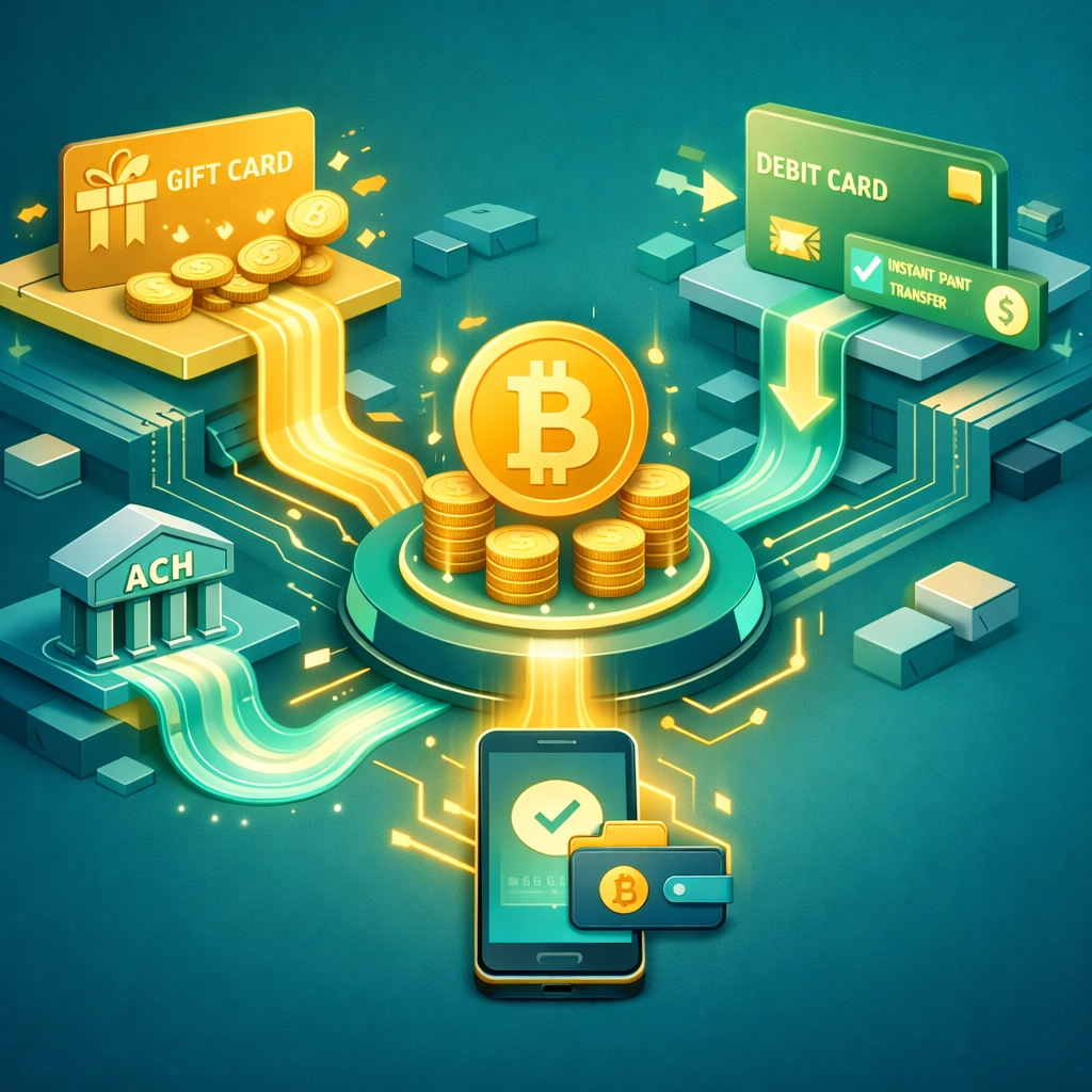 Multiple crypto onboarding pathways: gift cards, ACH transfers, and push-to-card payments converging seamlessly