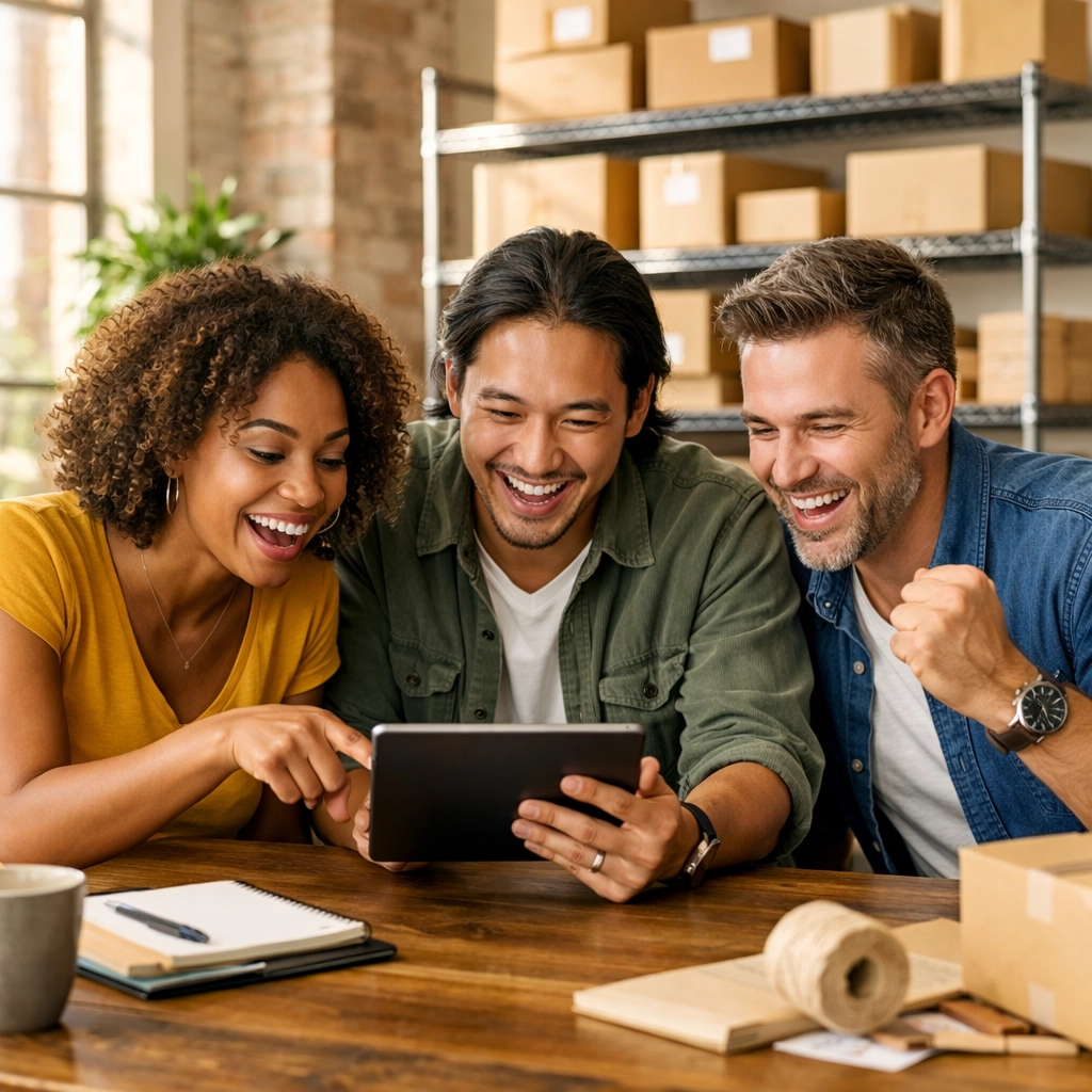 Resellers in a community membership program collaborating on smart business strategies in a modern office.