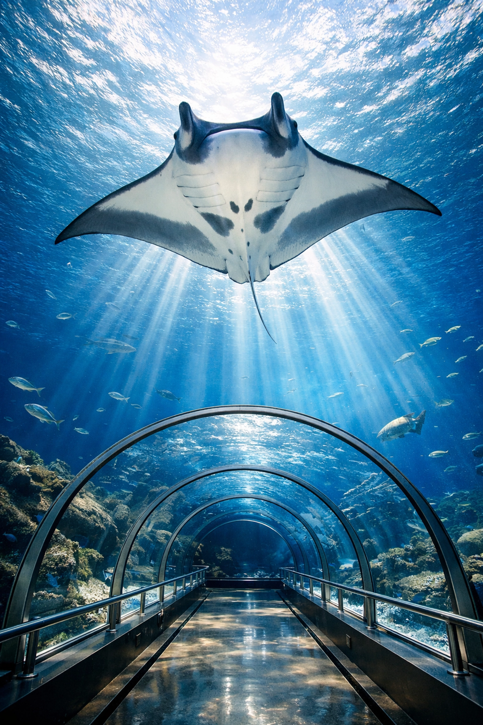 High-quality wide-angle shot of a manta ray swimming over an aquarium observation tunnel.