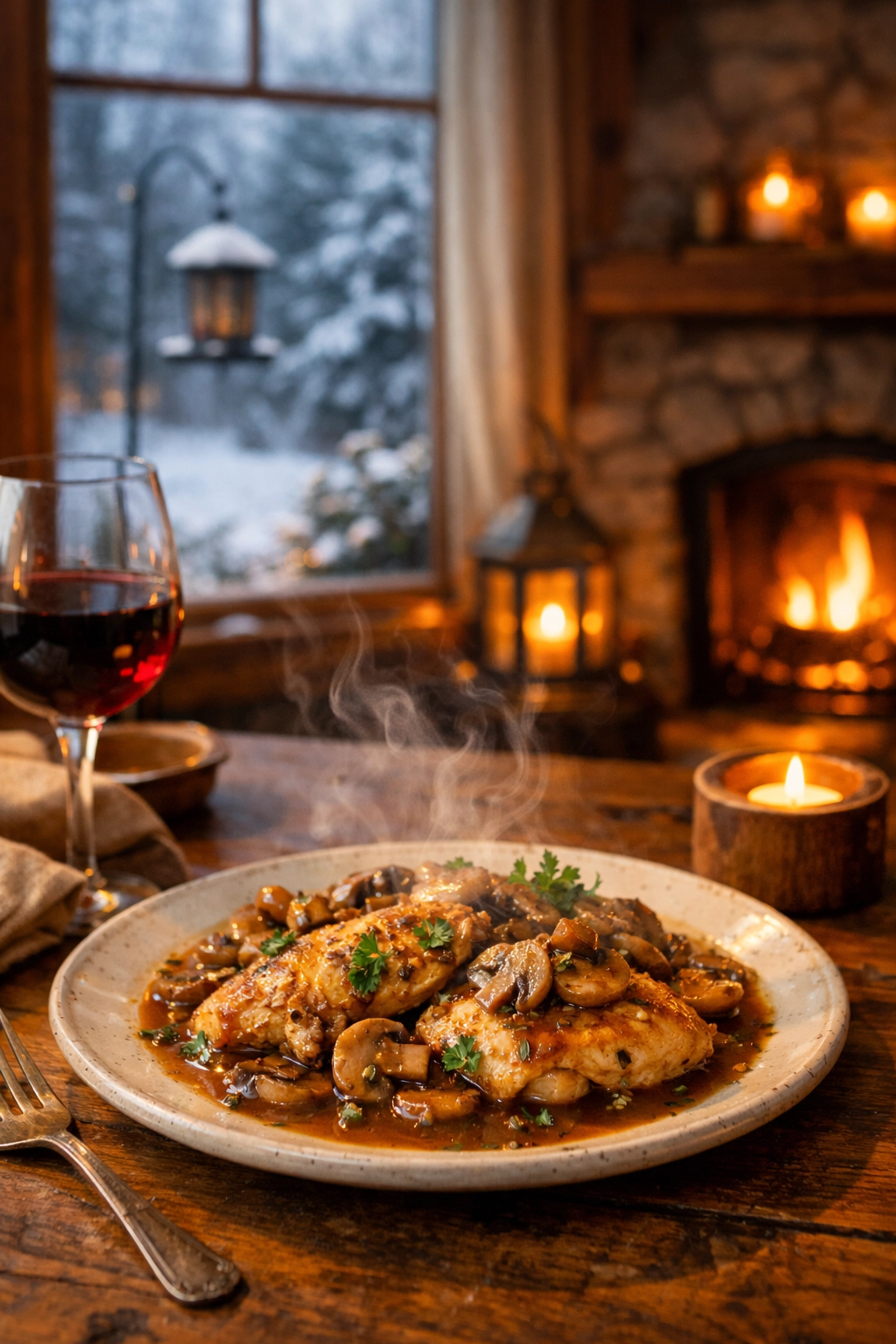 A cozy dinner setting with Chicken Marsala, symbolizing stability and a grounded Canadian lifestyle.