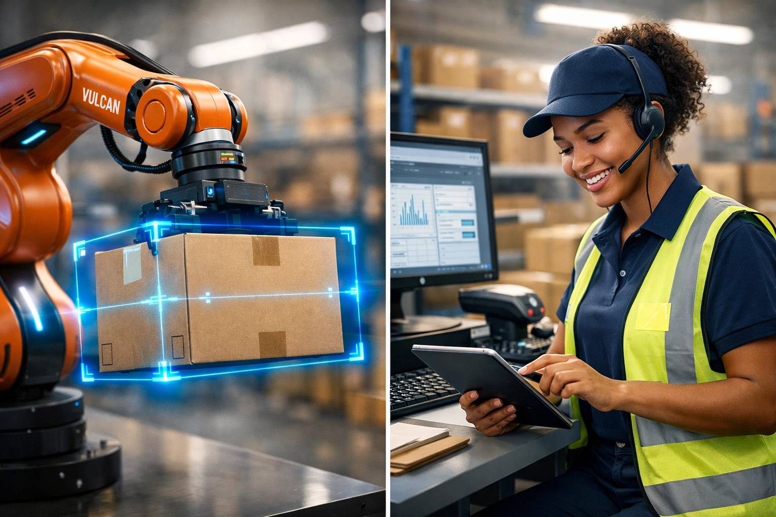 Robotic arm and warehouse employee working together in automated fulfillment operation