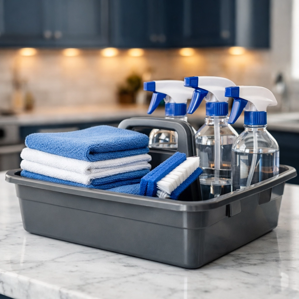 Professional cleaning supplies and microfiber cloths ready for a thorough Apartment Cleaning Massachusetts project.