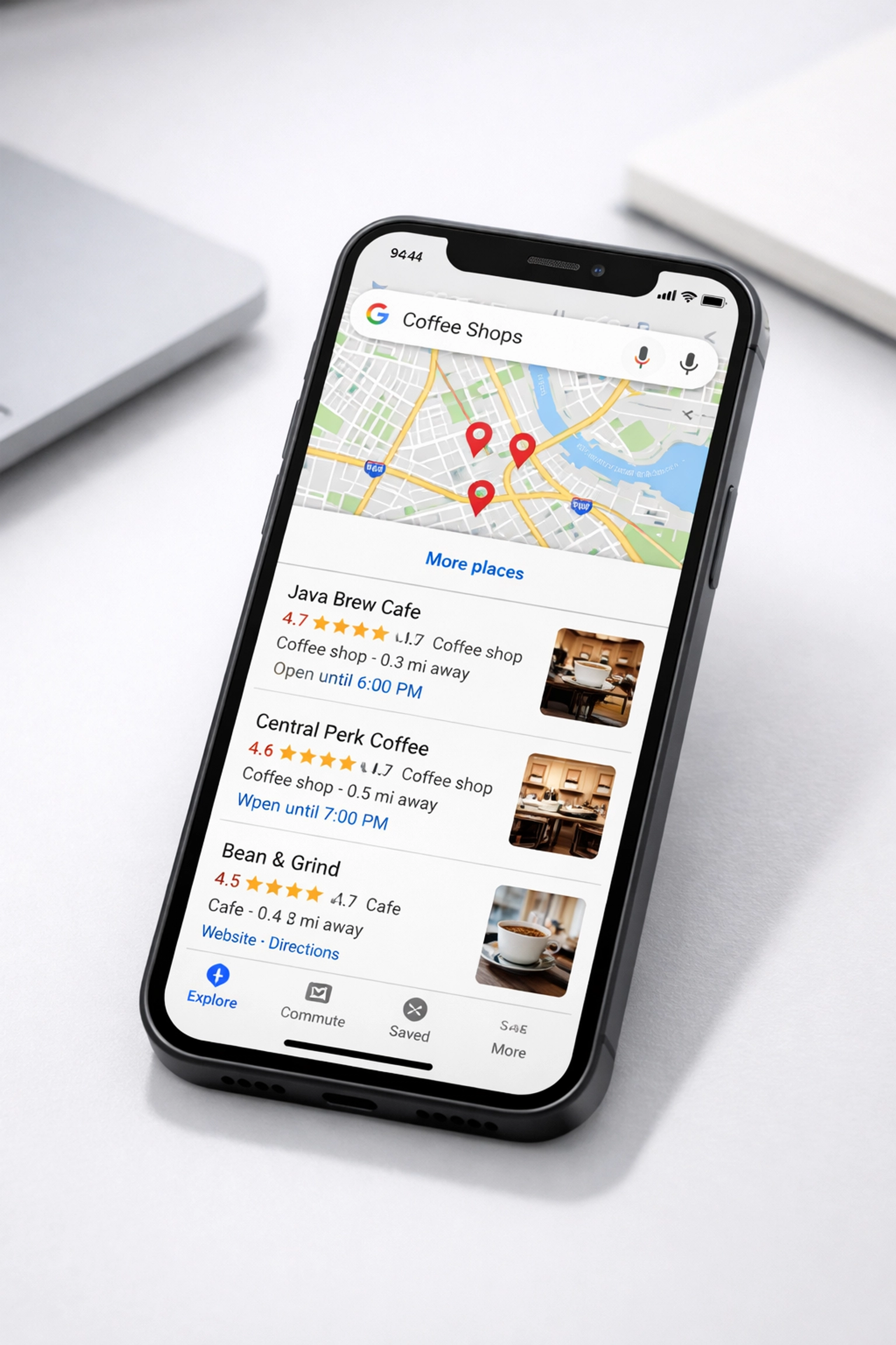 Smartphone displaying Google Maps local 3-pack search results for local businesses