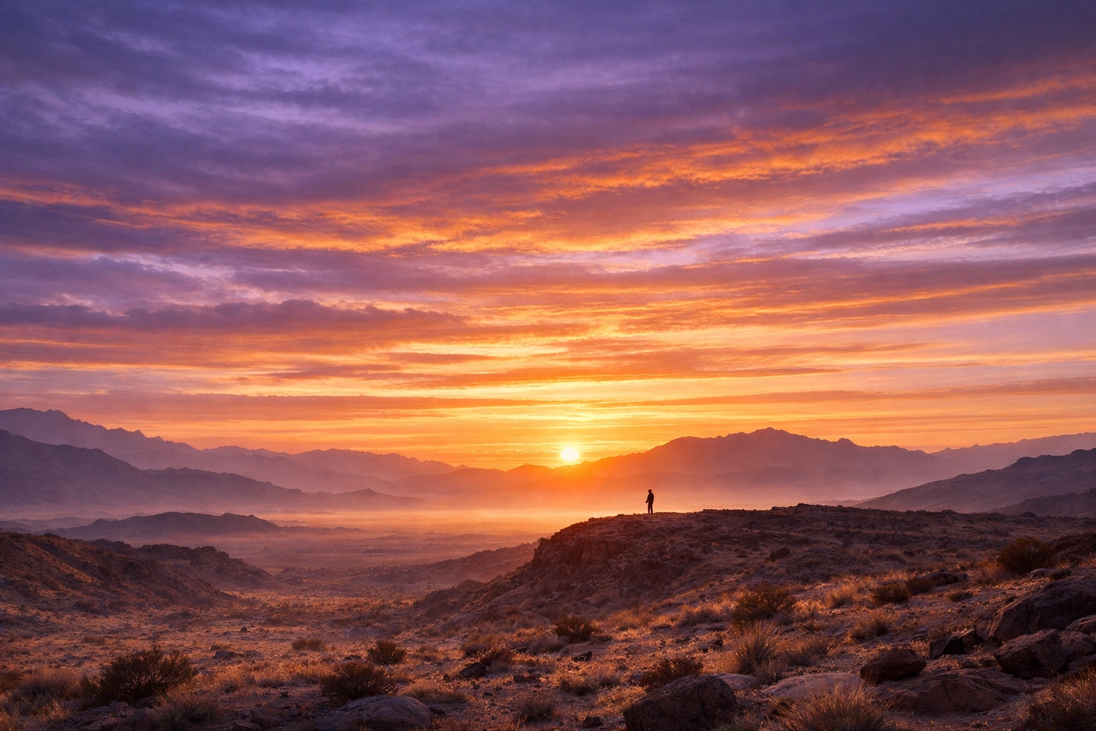 A silhouette of a person praying in a desert valley at sunrise, seeking peace for Middle East leaders and nations.