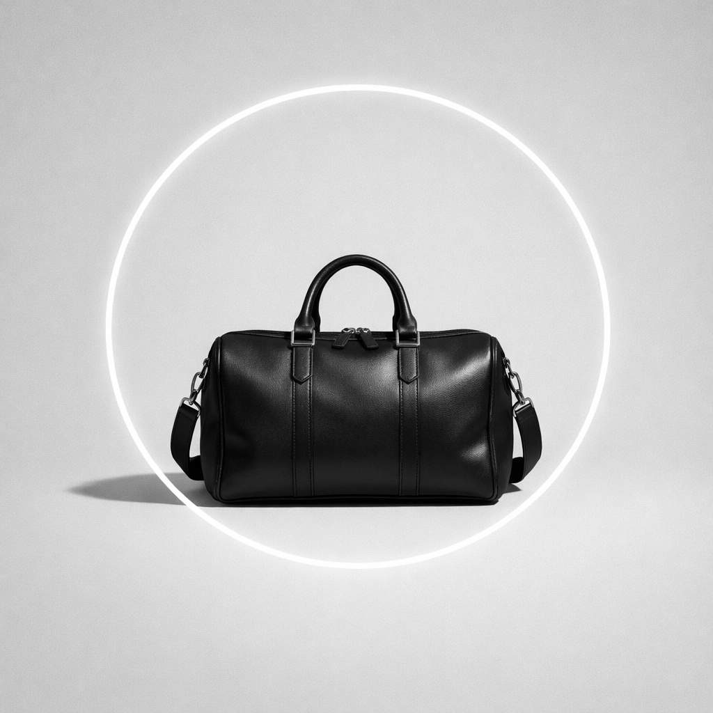 A leather carry-on bag in a spotlight, representing all-inclusive airline pricing without hidden fees.