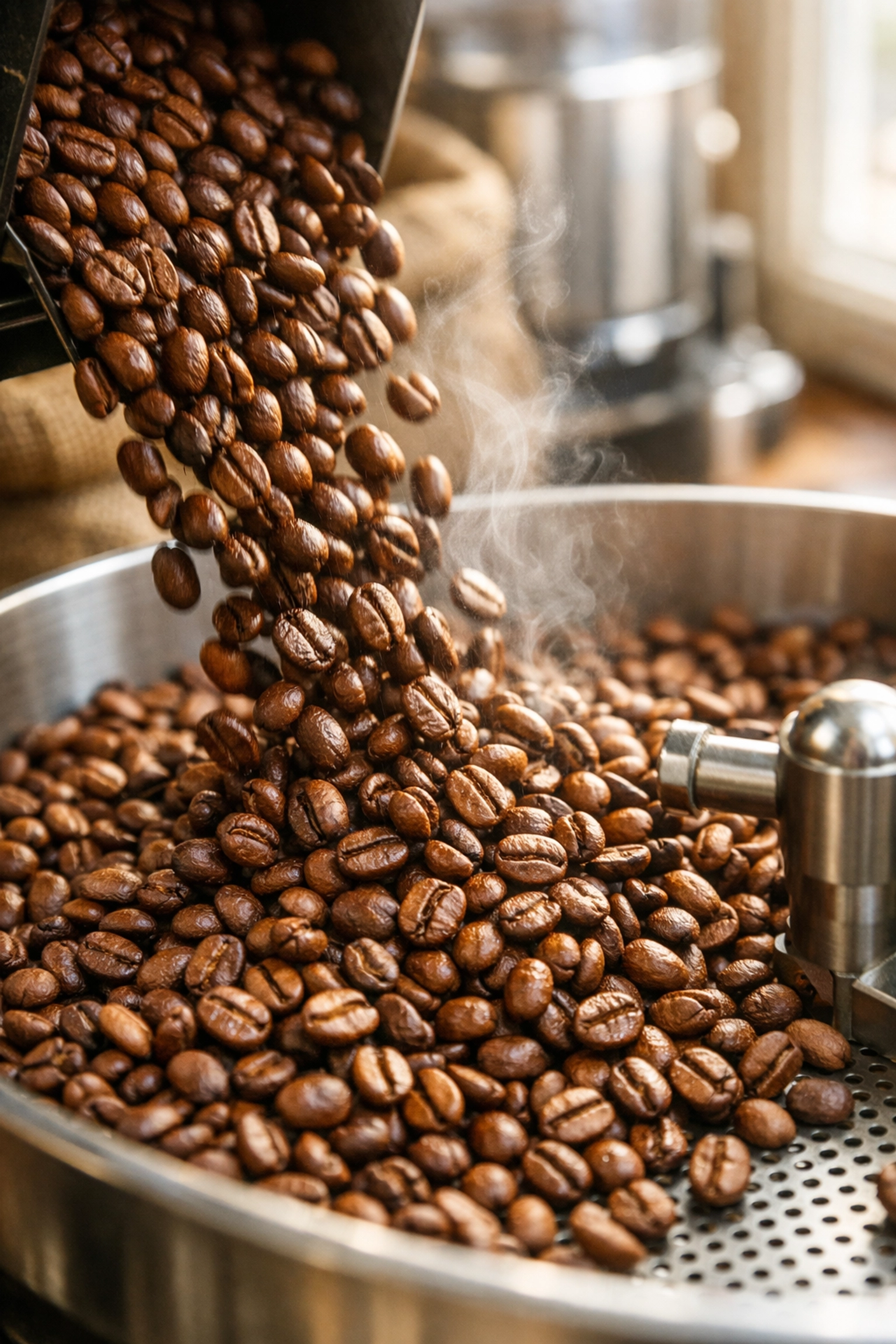 Freshly roasted specialty coffee beans cooling in an artisanal roastery for wholesale suppliers.