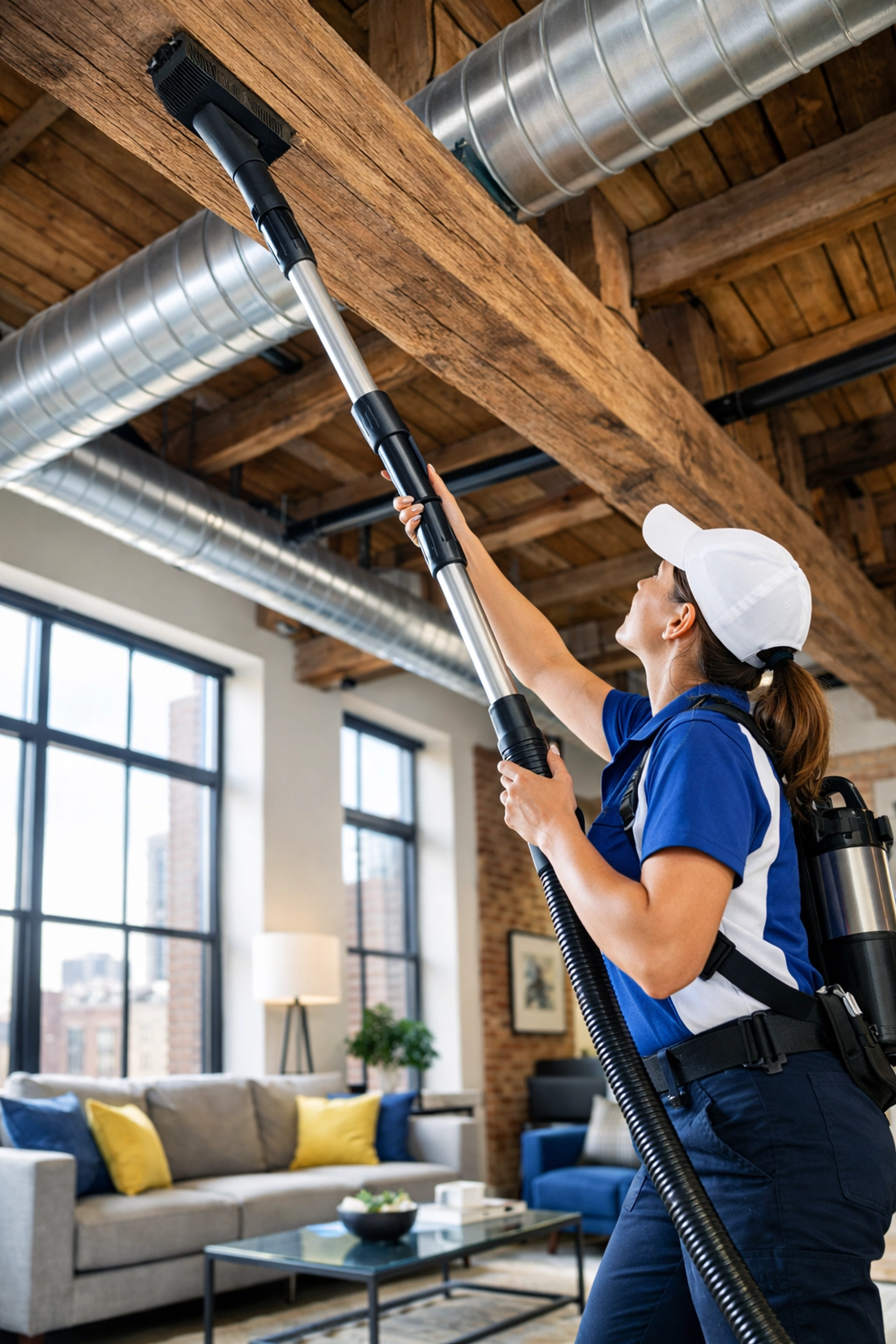 Professional cleaner dusting high beams during a deep cleaning Lowell mill loft session.