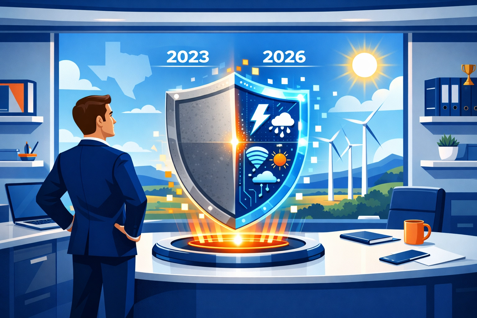 Business owner in a Texas office performing an insurance coverage review to update risk protection for 2026.