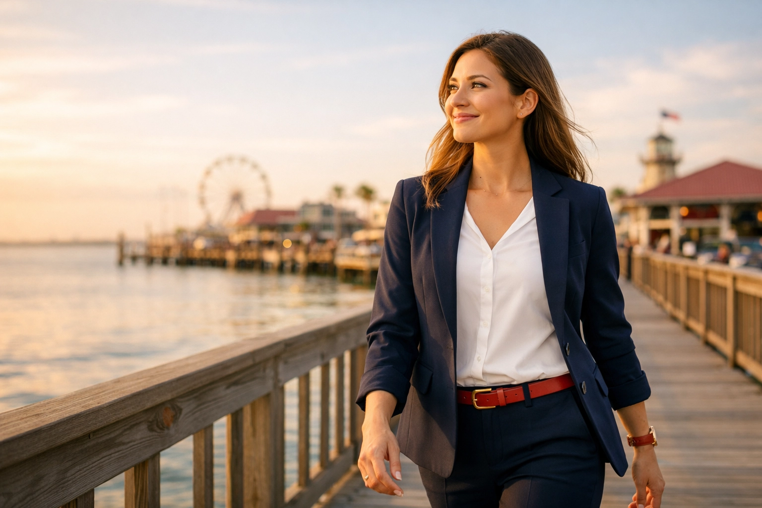 Successful young woman at the Kemah waterfront celebrating financial freedom with a high credit score.