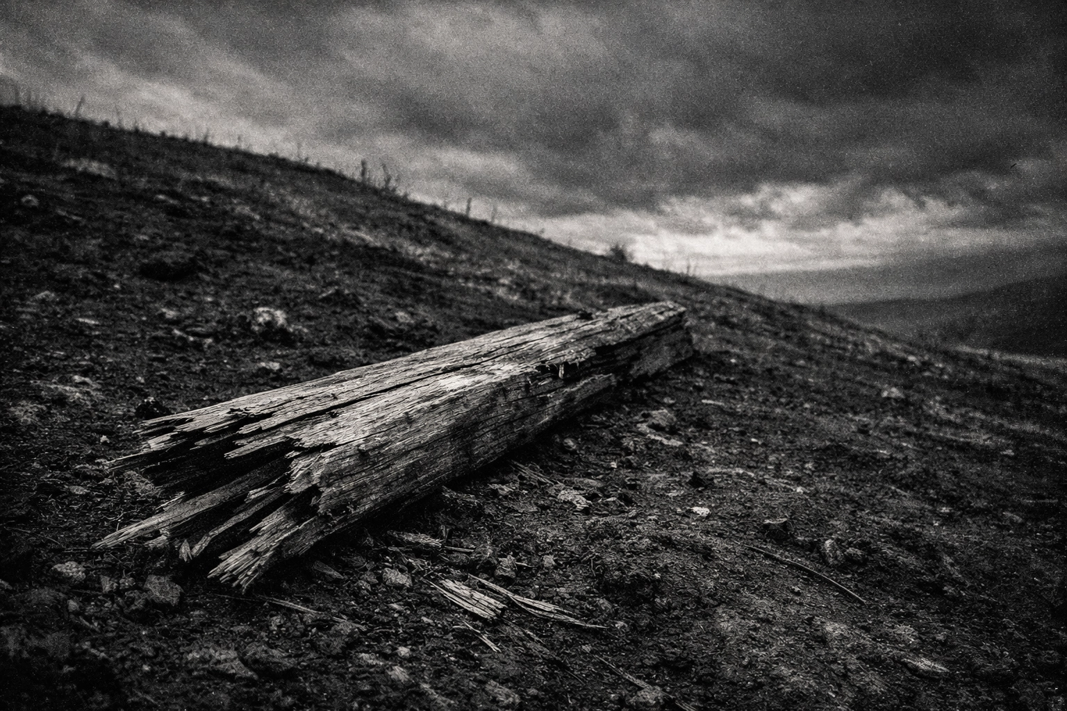 A gritty, cinematic shot of rough-hewn timber in dark soil under a moody sky, evoking the weight of Good Friday.