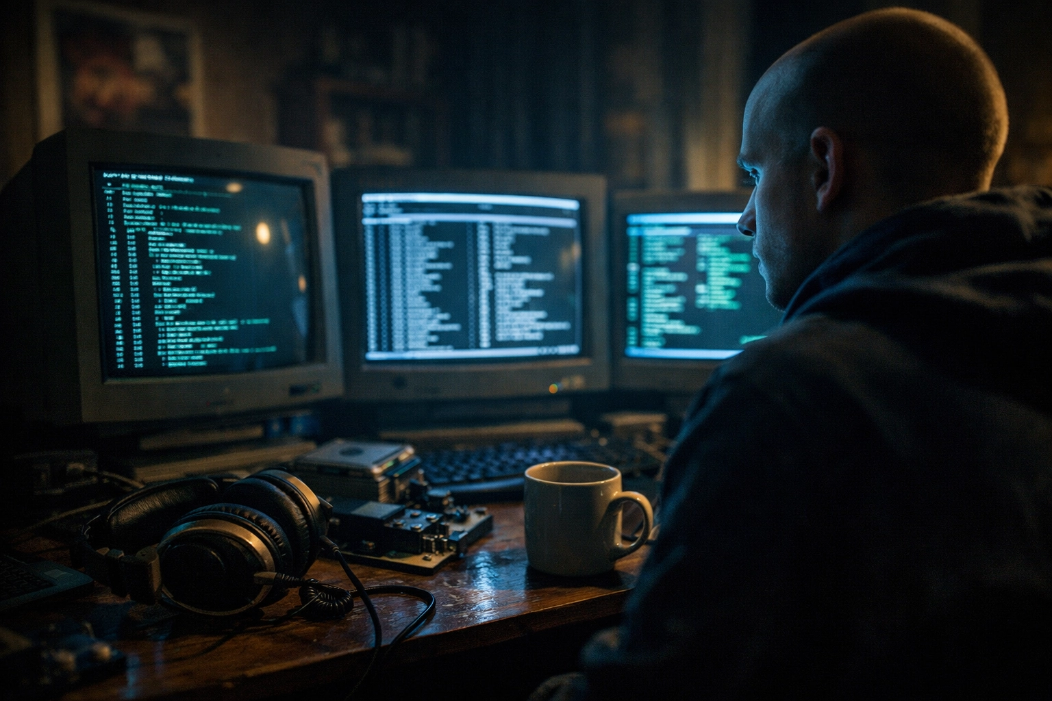 Vintage developer workspace with CRT monitors and headphones, marking the start of Daniel Ek’s Spotify journey.