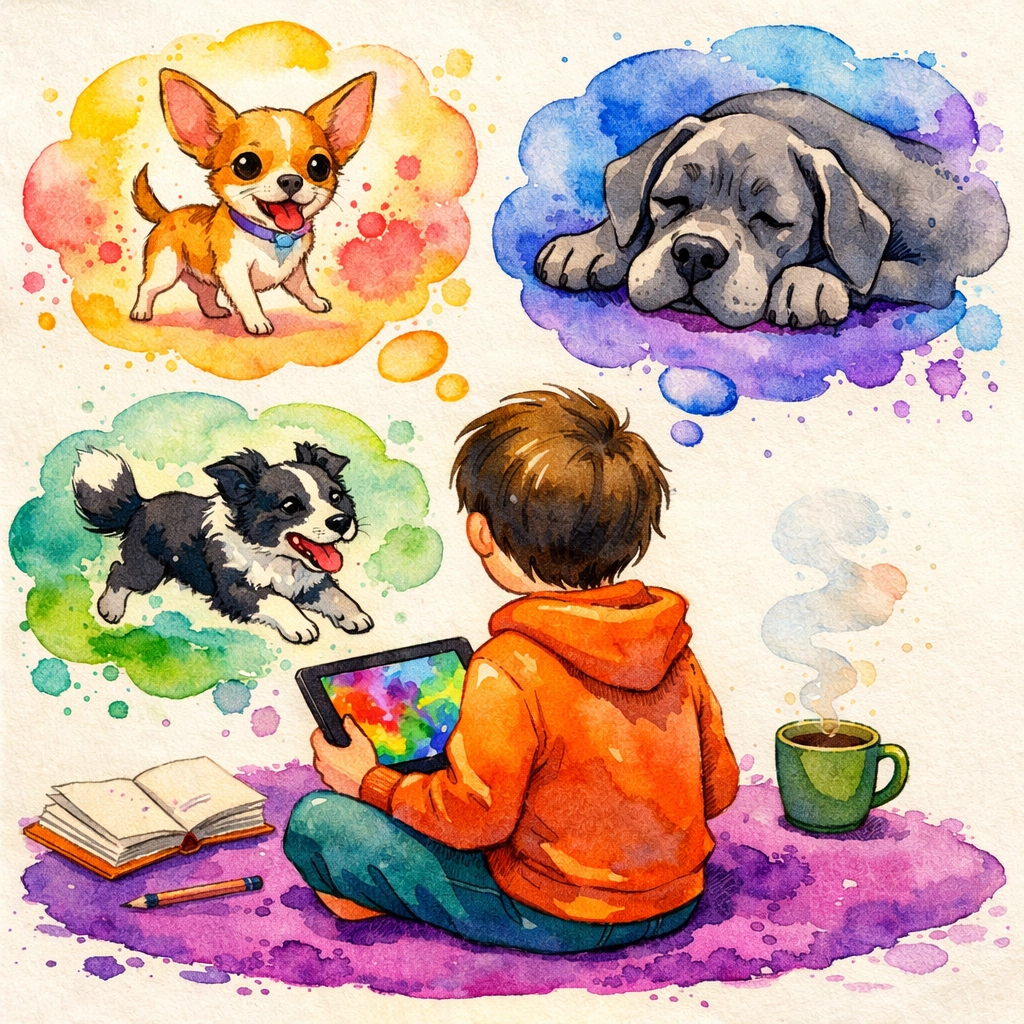 A person researching dog breeds to find the right match for their lifestyle before they adopt a dog.