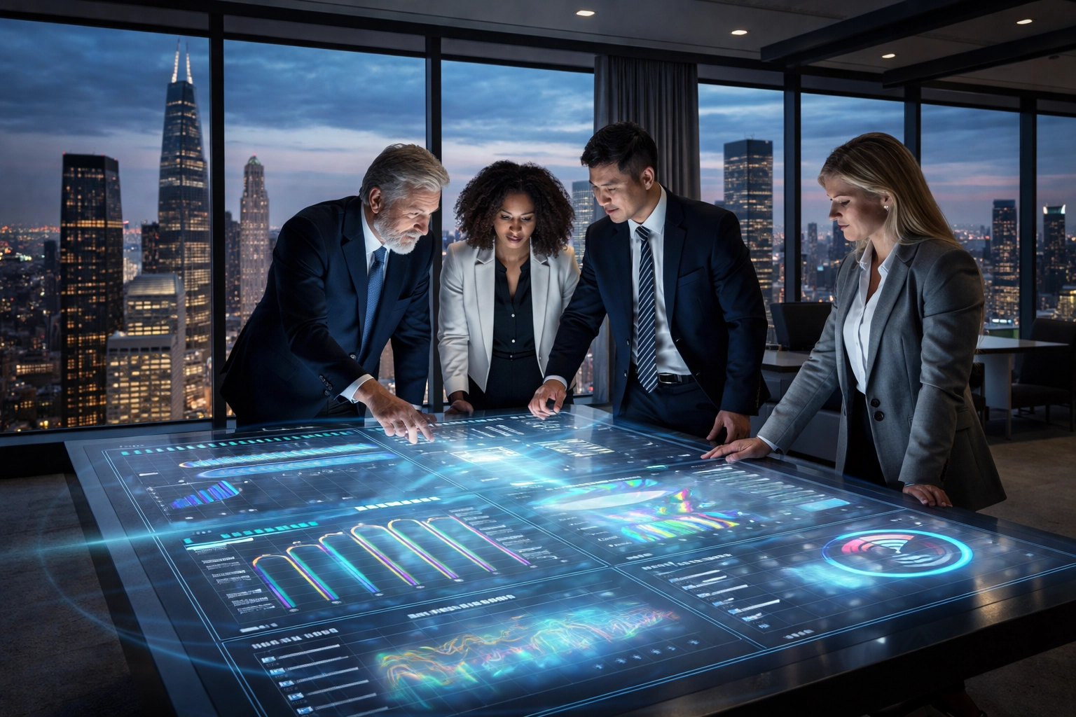 Executive team in Chicago high-rise leadership war room discussing succession pipeline and talent strategy