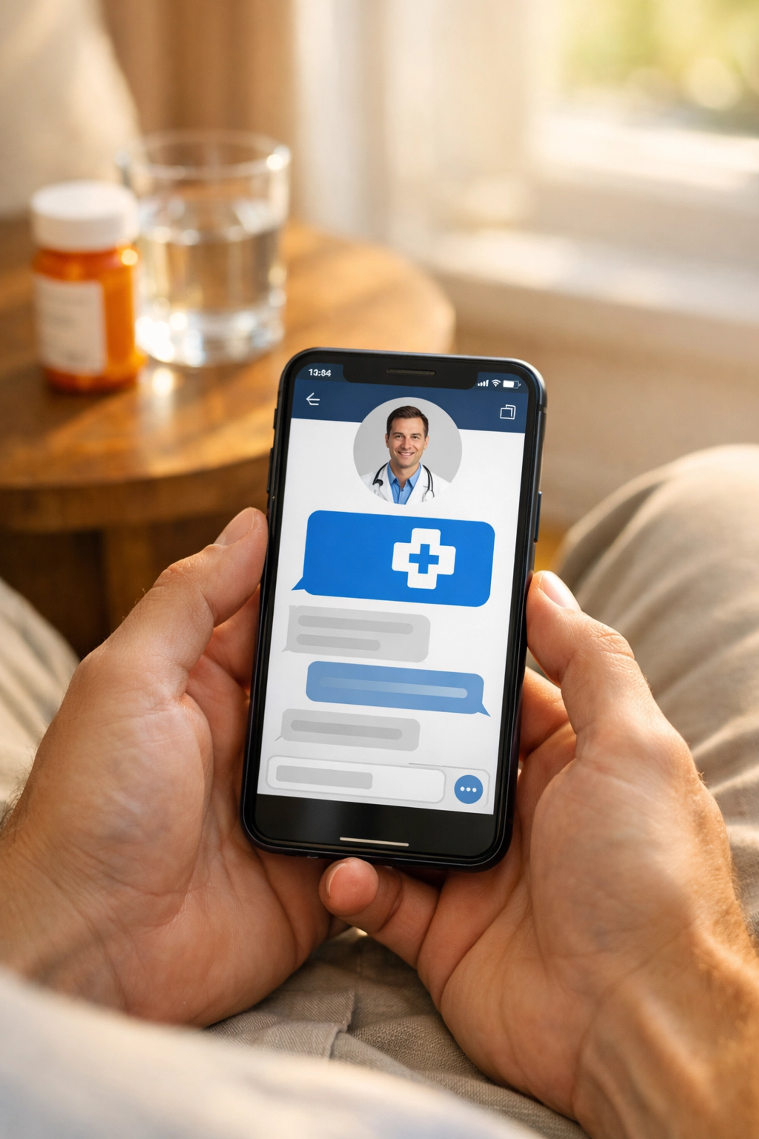 A patient using a mobile app to get an online prescription refill via secure text-based medical messaging.