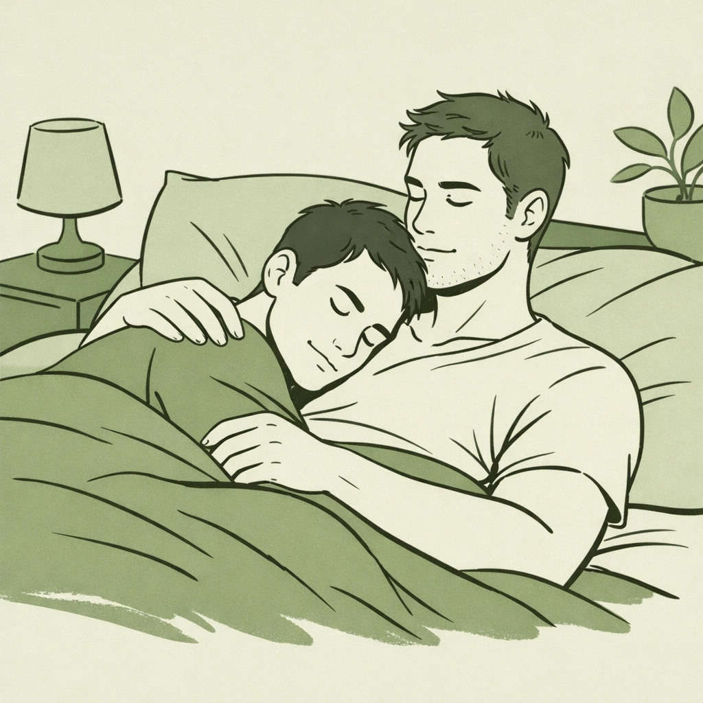 Two men in a trusting embrace in bed, illustrating intense emotional connection in MM romance.