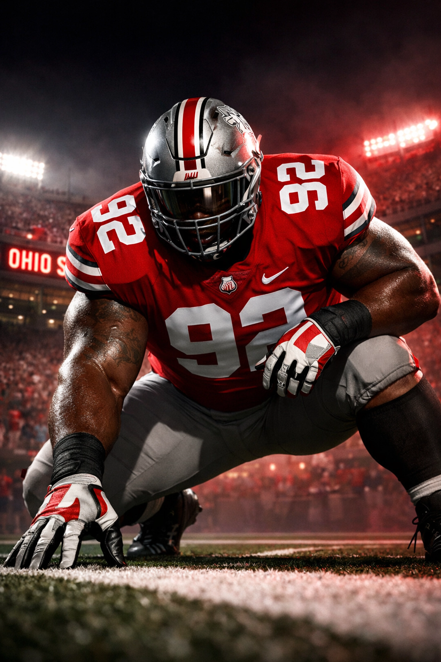 Ohio State Buckeyes defensive lineman James Smith in three-point stance ready for snap