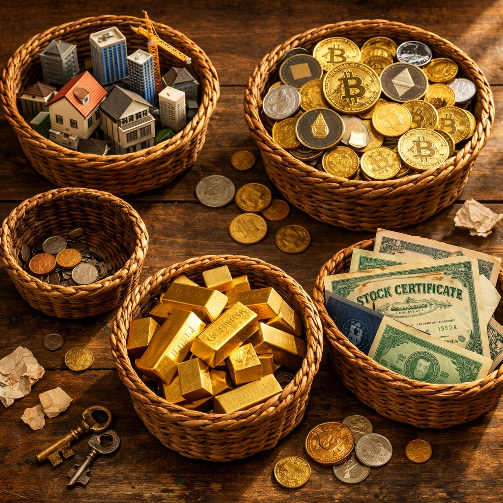 Diversified portfolio showing multiple alternative asset classes including real estate and crypto