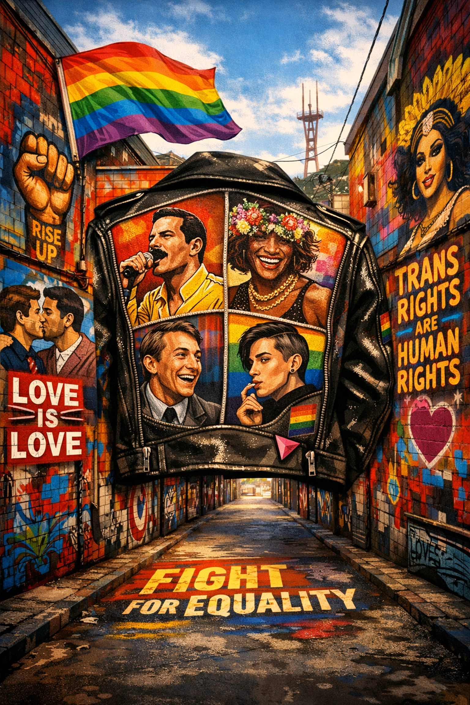 San Francisco Mission District alley covered in overlapping LGBTQ+ murals and queer icon portraits