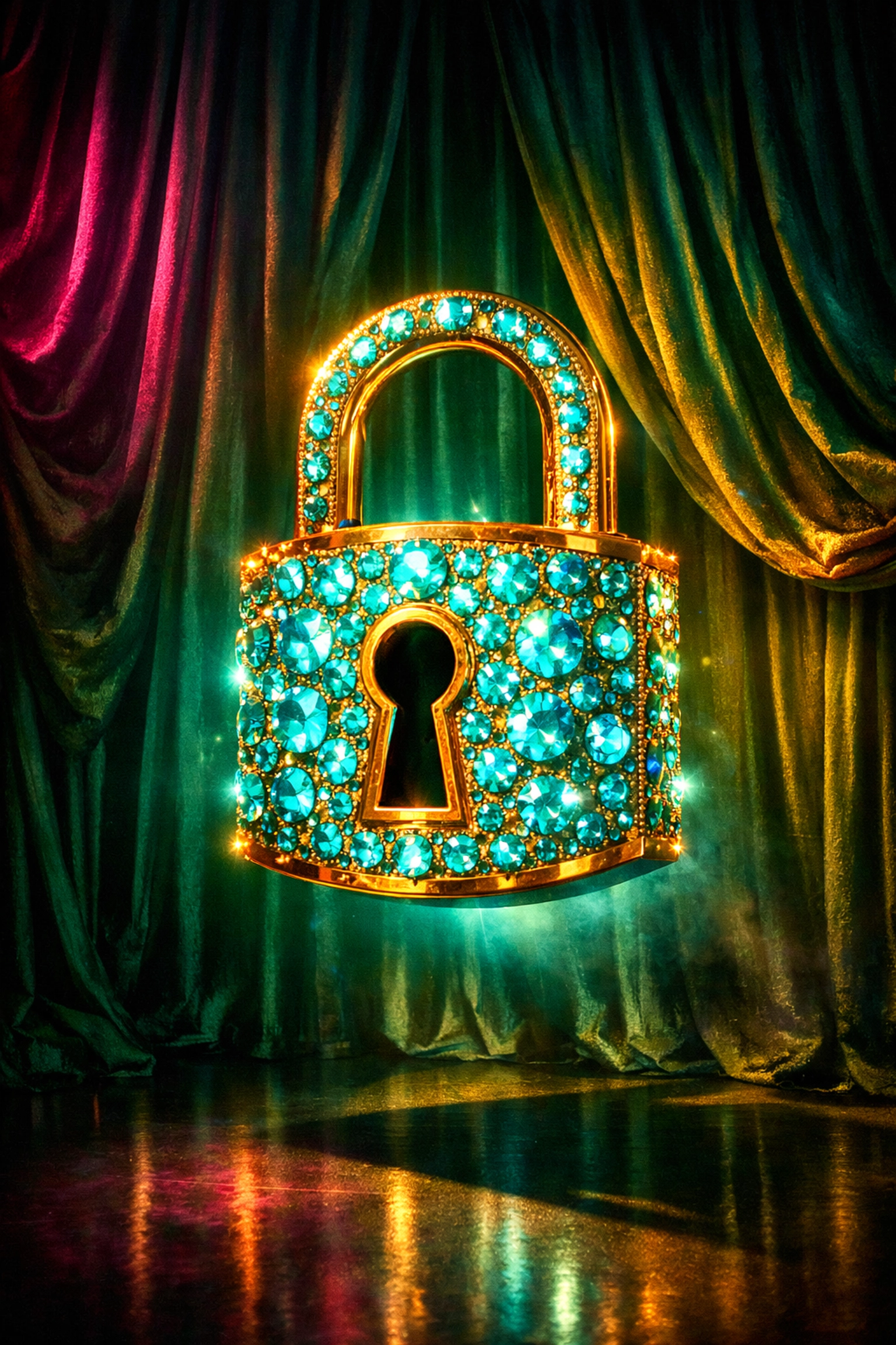 A jeweled gold padlock and velvet curtains representing doctor-patient confidentiality and privacy.
