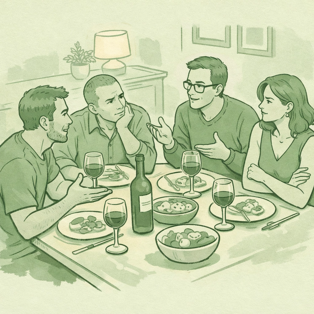 Four LGBTQ+ parents at family dinner discussing blended family dynamics and acceptance