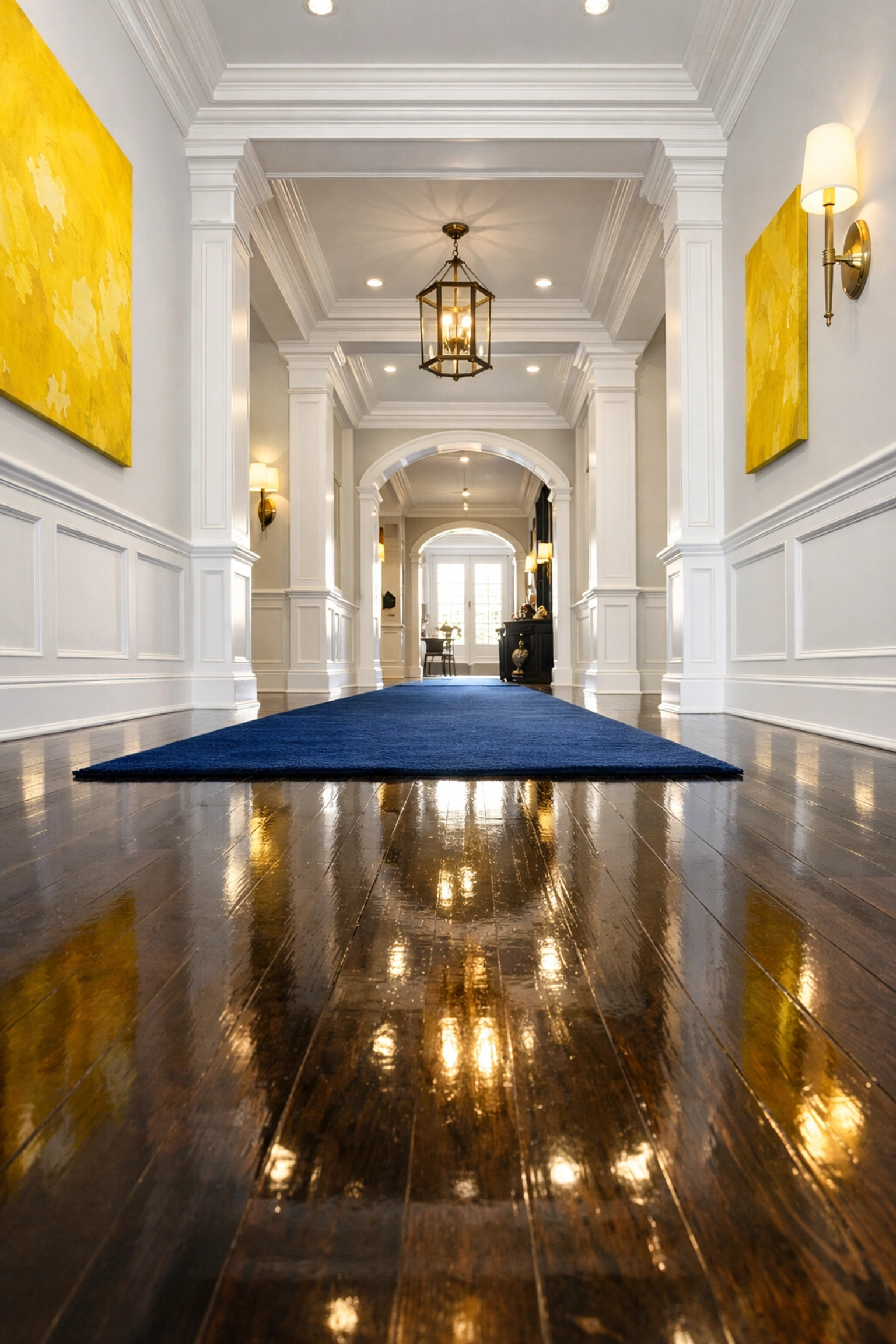 Polished dark hardwood floors and clean baseboards in a grand Bolton hallway after a deep clean.