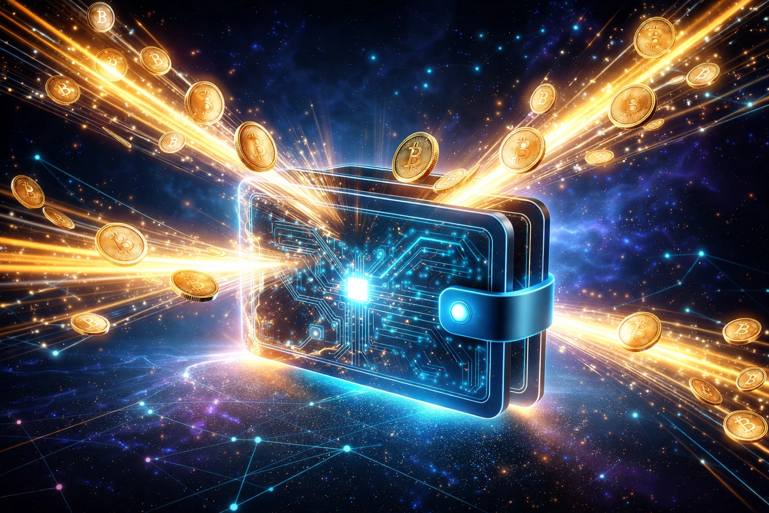 A digital wallet in space receiving cryptocurrency coins, illustrating direct wallet-to-wallet crypto payments for merchants