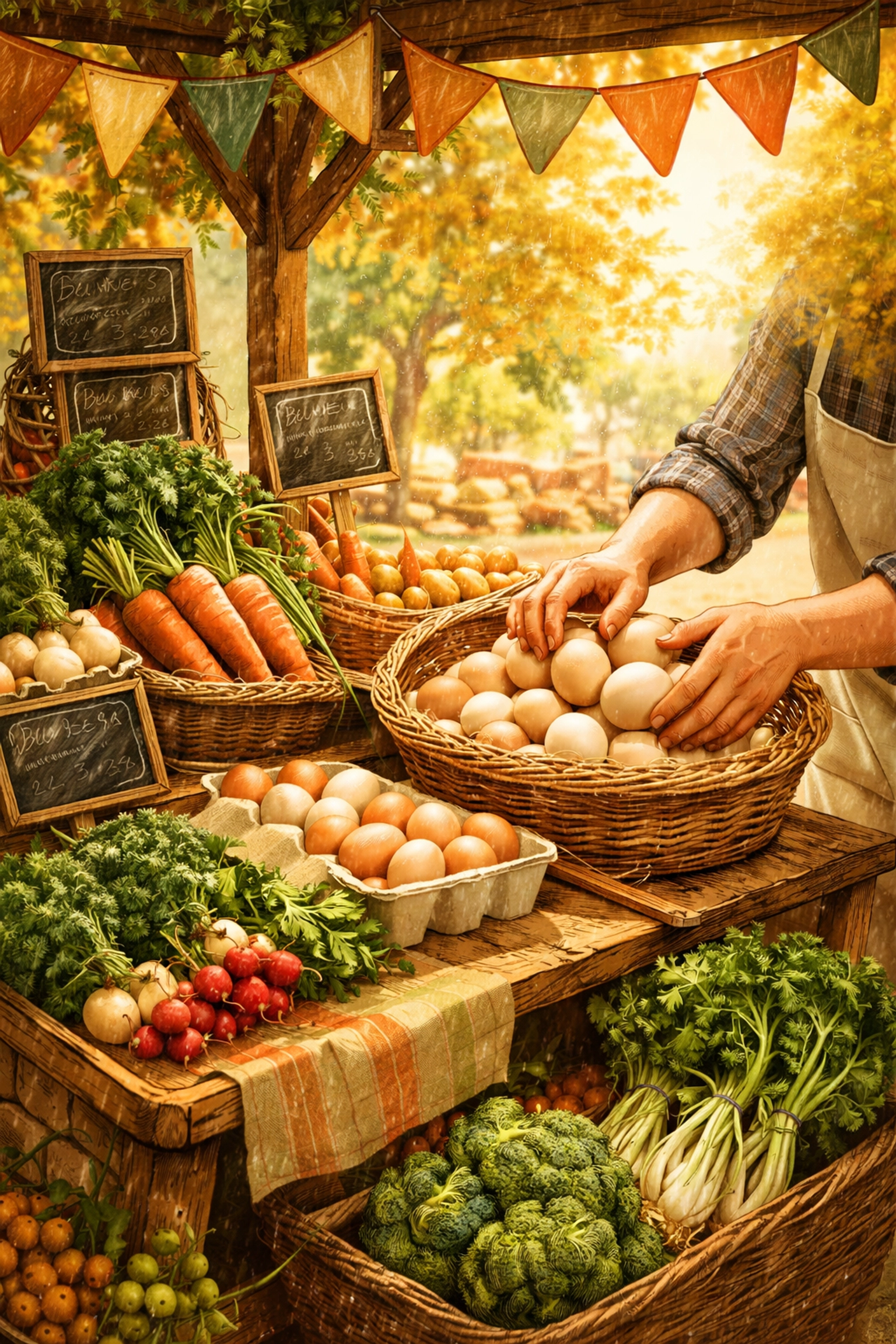 Cheerful farmers market stand with eggs and produce, showing where to buy local eggs and support farm fresh food.